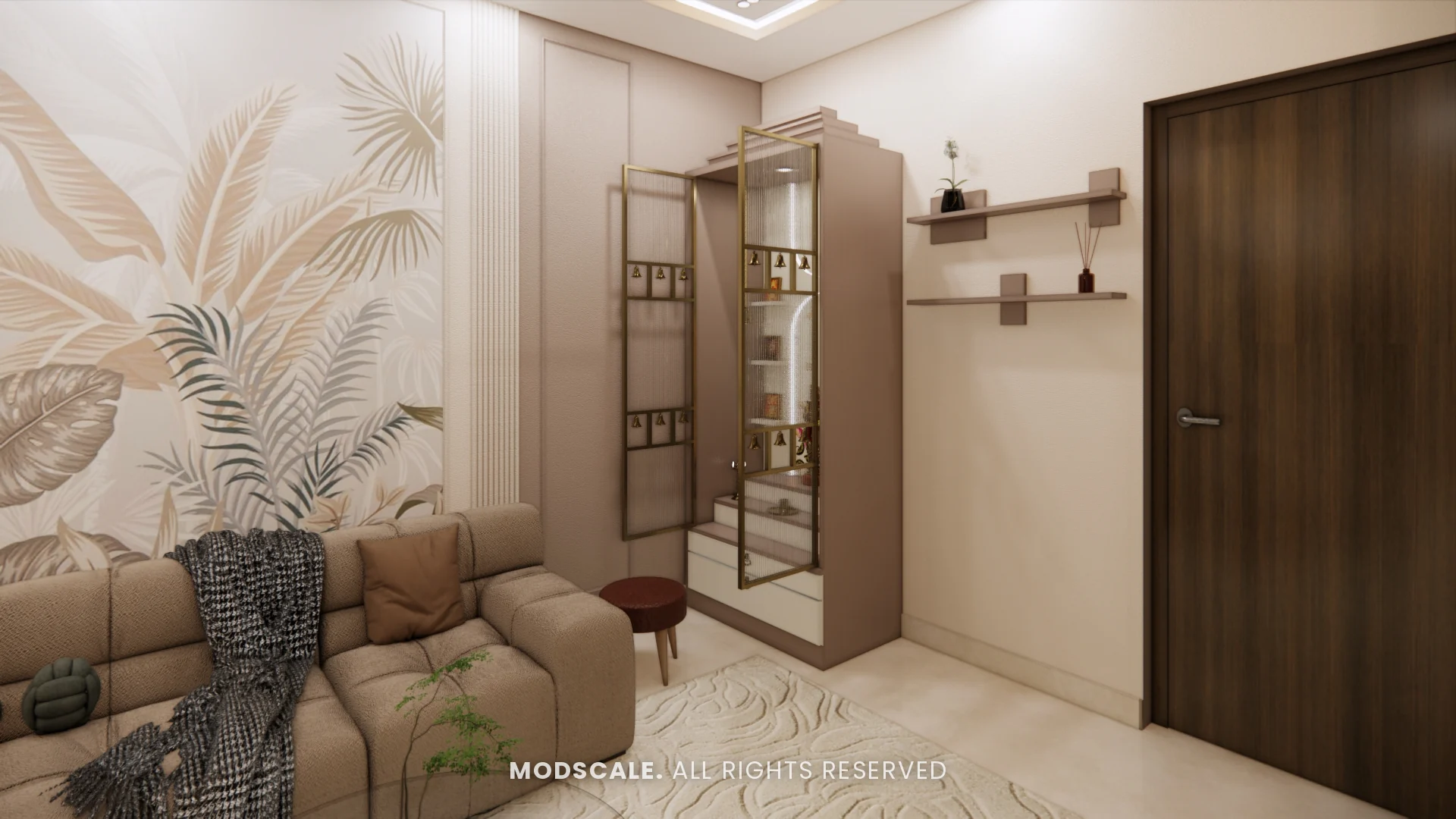 Pooja unit with gopuram top and glass shutters beside the living room mural, Komal’s home interior at Sobha Dream Acres, Varthur