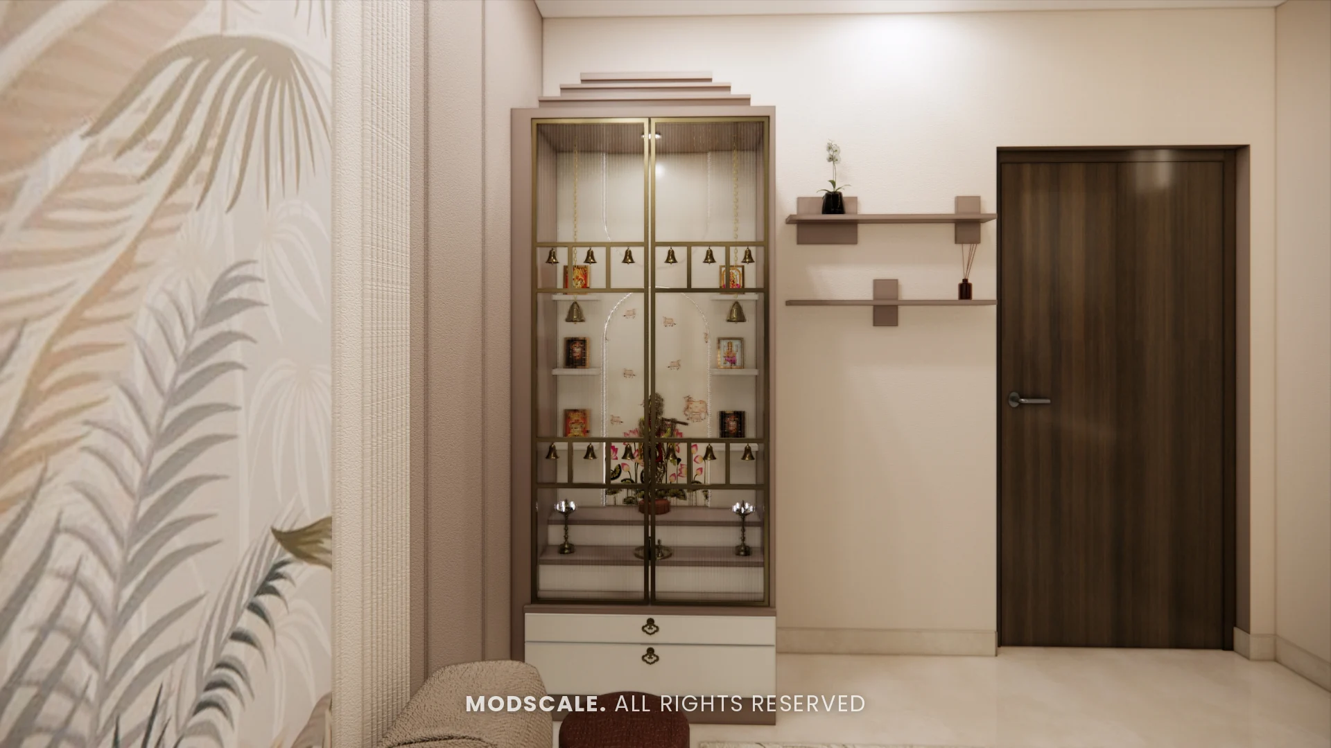 Pooja unit in cream brown laminate with drawers and wall ledges, Komal’s home interior at Sobha Dream Acres, Varthur
