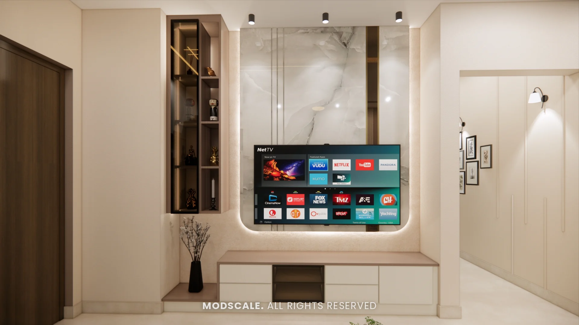 TV unit with hazy marble back panel, floating base unit and tall glass display unit, Komal’s home interior at Sobha Dream Acres, Varthur