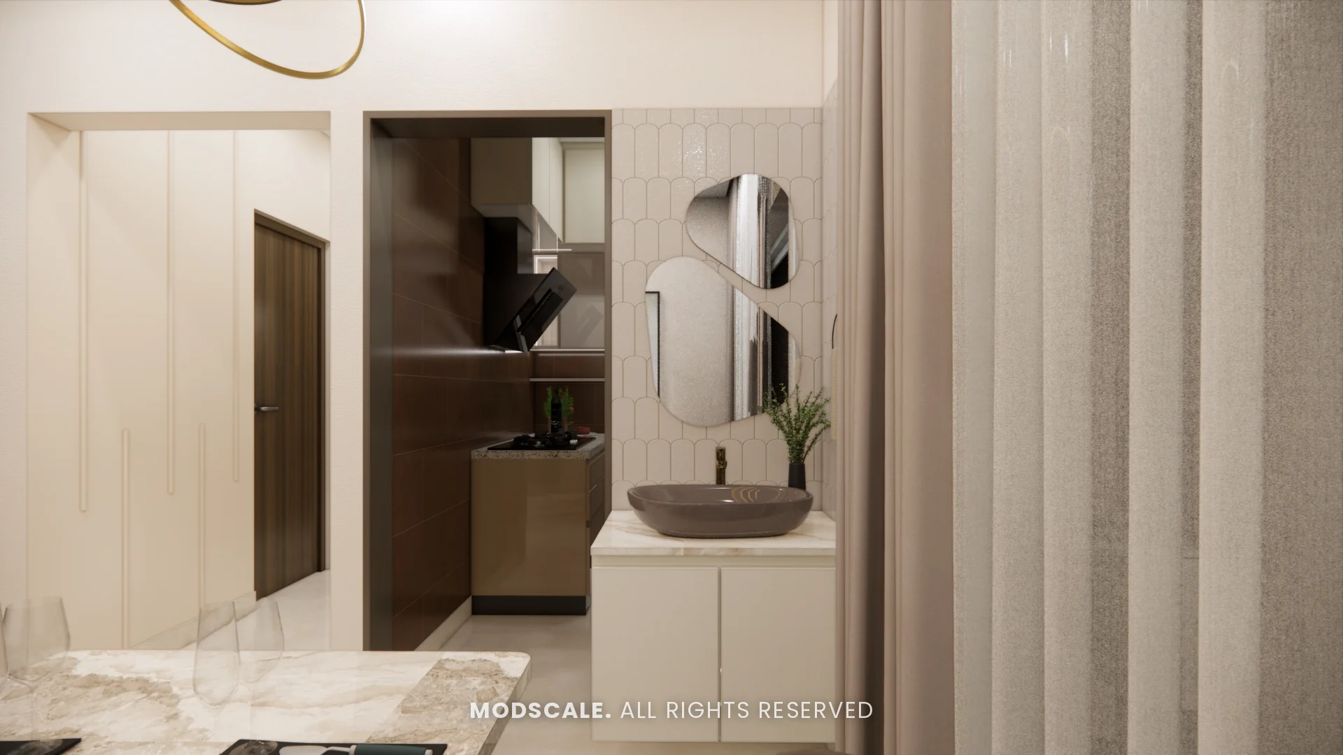 Wash counter with ivory vanity, vessel basin and shaped mirror beside the dining area, Komal’s home interior at Sobha Dream Acres, Varthur
