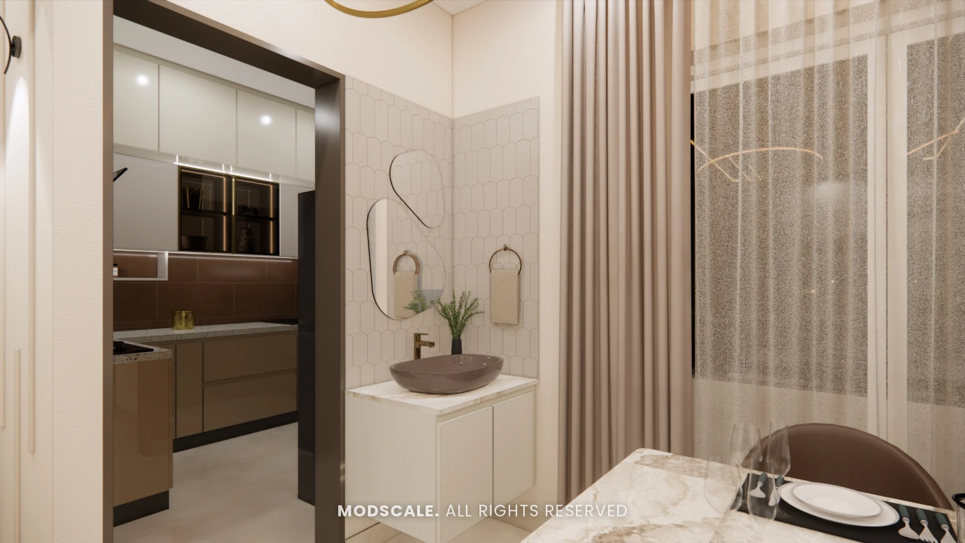 Vanity unit with arched mirror next to the kitchen entrance, Komal’s home interior at Sobha Dream Acres, Varthur