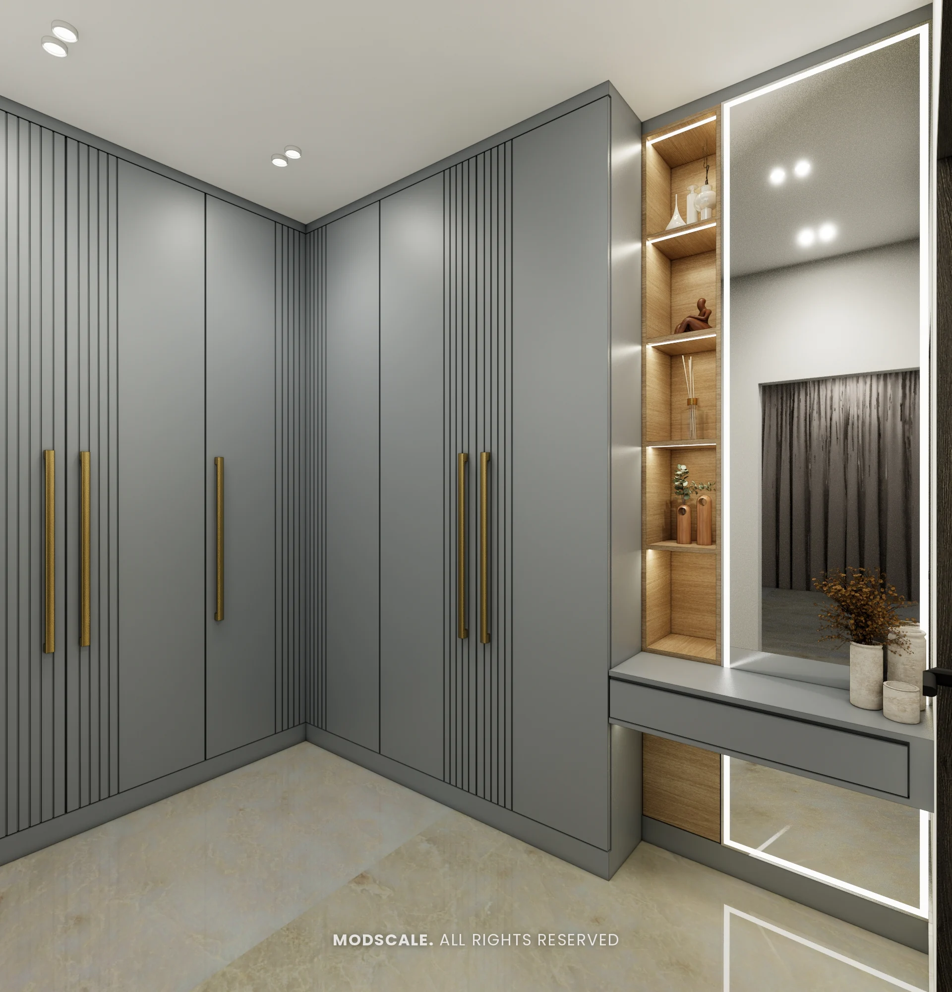 Grey corner wardrobe with backlit dresser niche and mirror, Madhusudhan’s bungalow interior in KR Puram