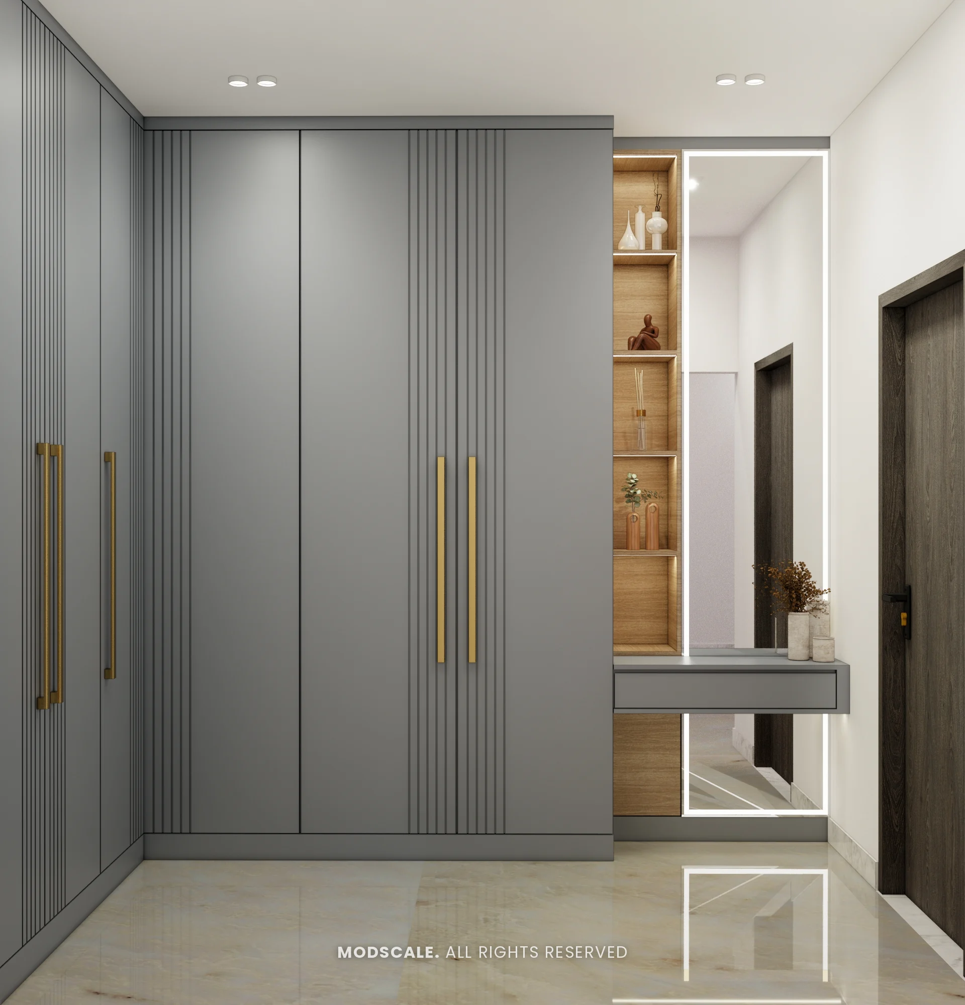 Full-height grey wardrobe with slim brass handles, Madhusudhan’s bungalow interior in KR Puram