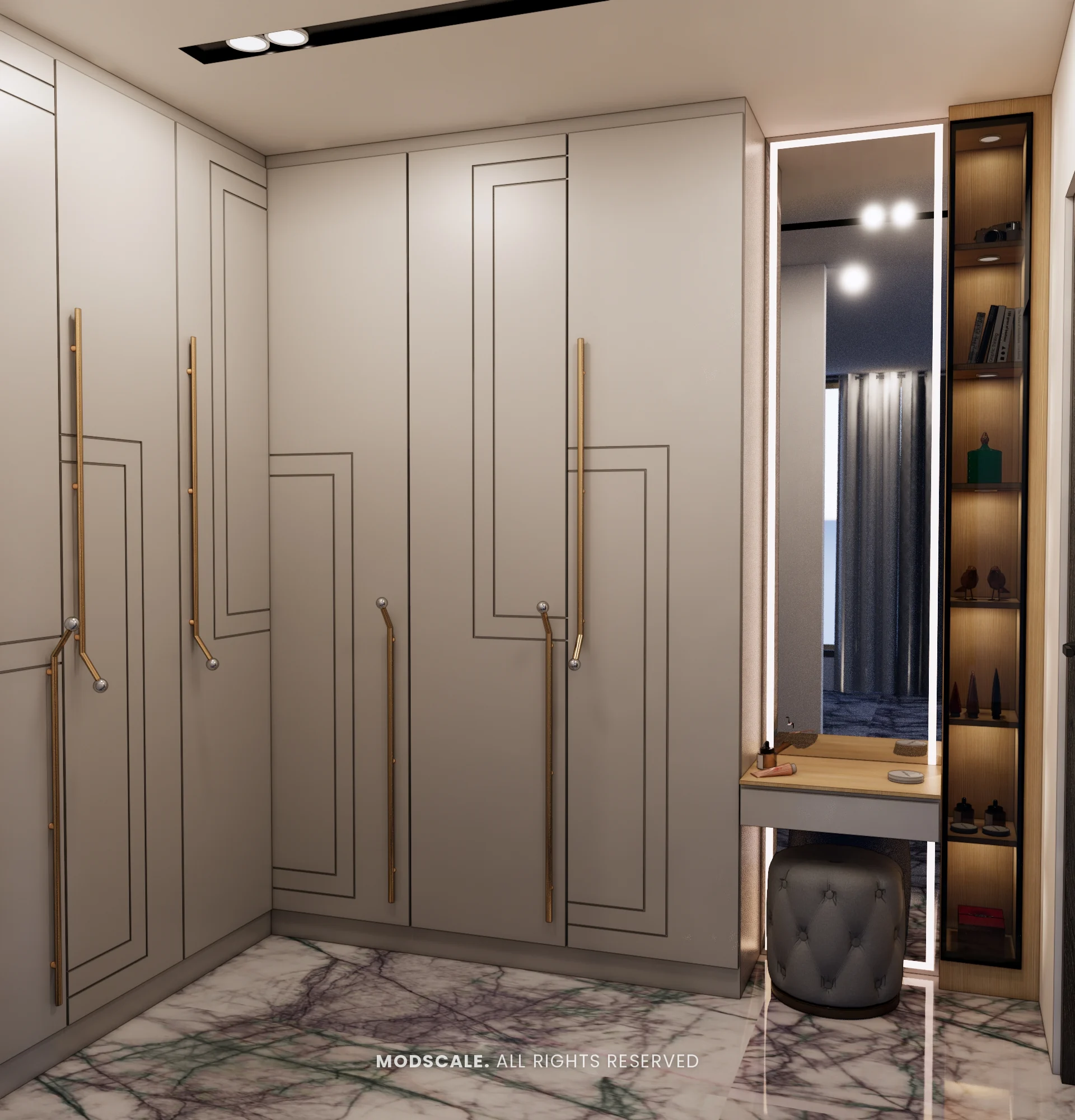 Beige wardrobe with inlay line pattern and dresser unit, Madhusudhan’s bungalow interior in KR Puram
