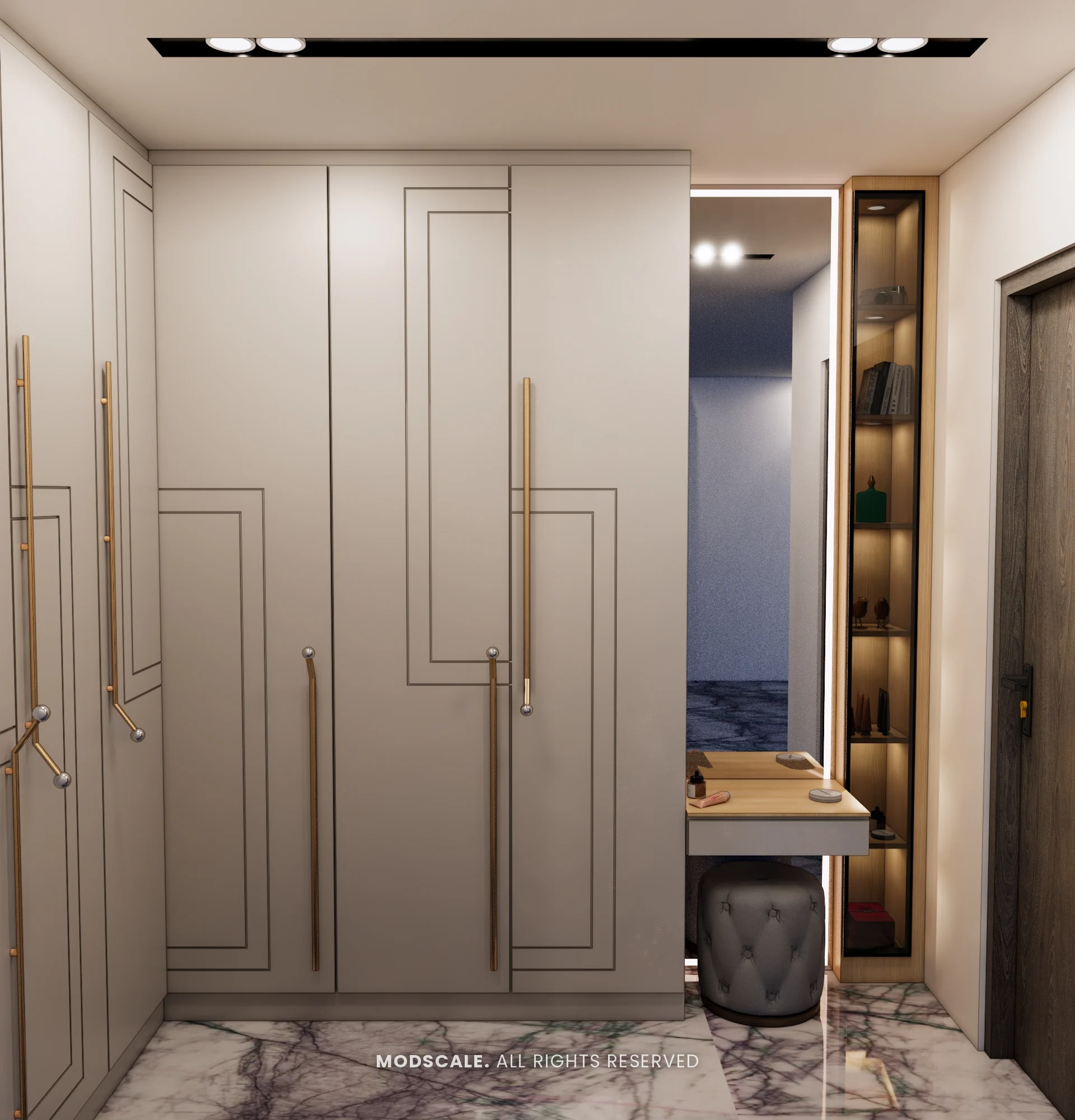 Wardrobe with geometric groove design beside a mirrored dresser, Madhusudhan’s bungalow interior in KR Puram