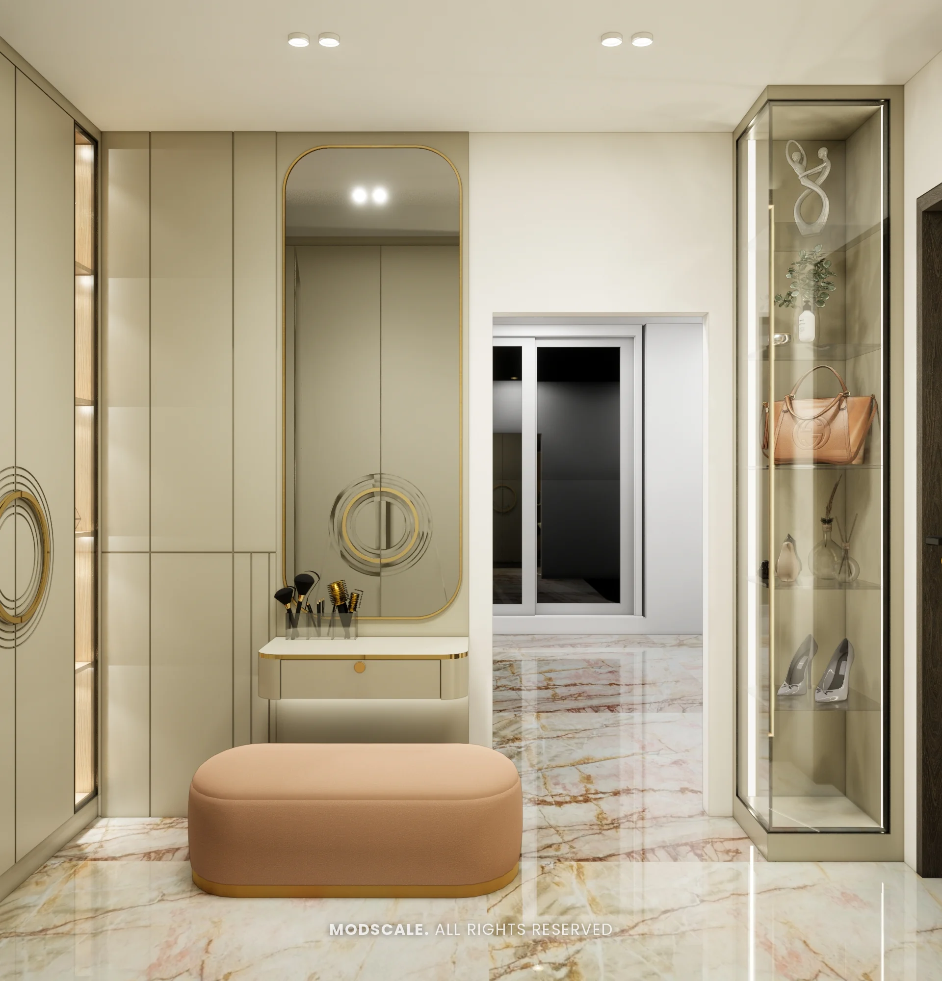 Dressing area with round mirror, seat and glass display units, Madhusudhan’s bungalow interior in KR Puram