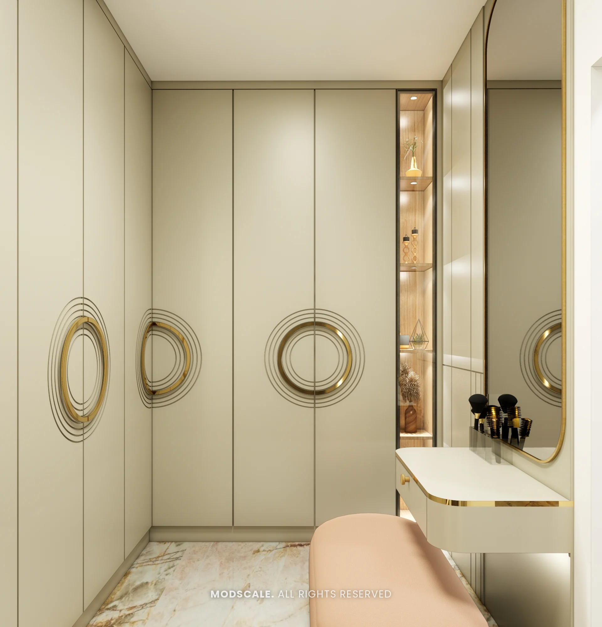 Sage wardrobe with ring handles and floating dresser, Madhusudhan’s bungalow interior in KR Puram
