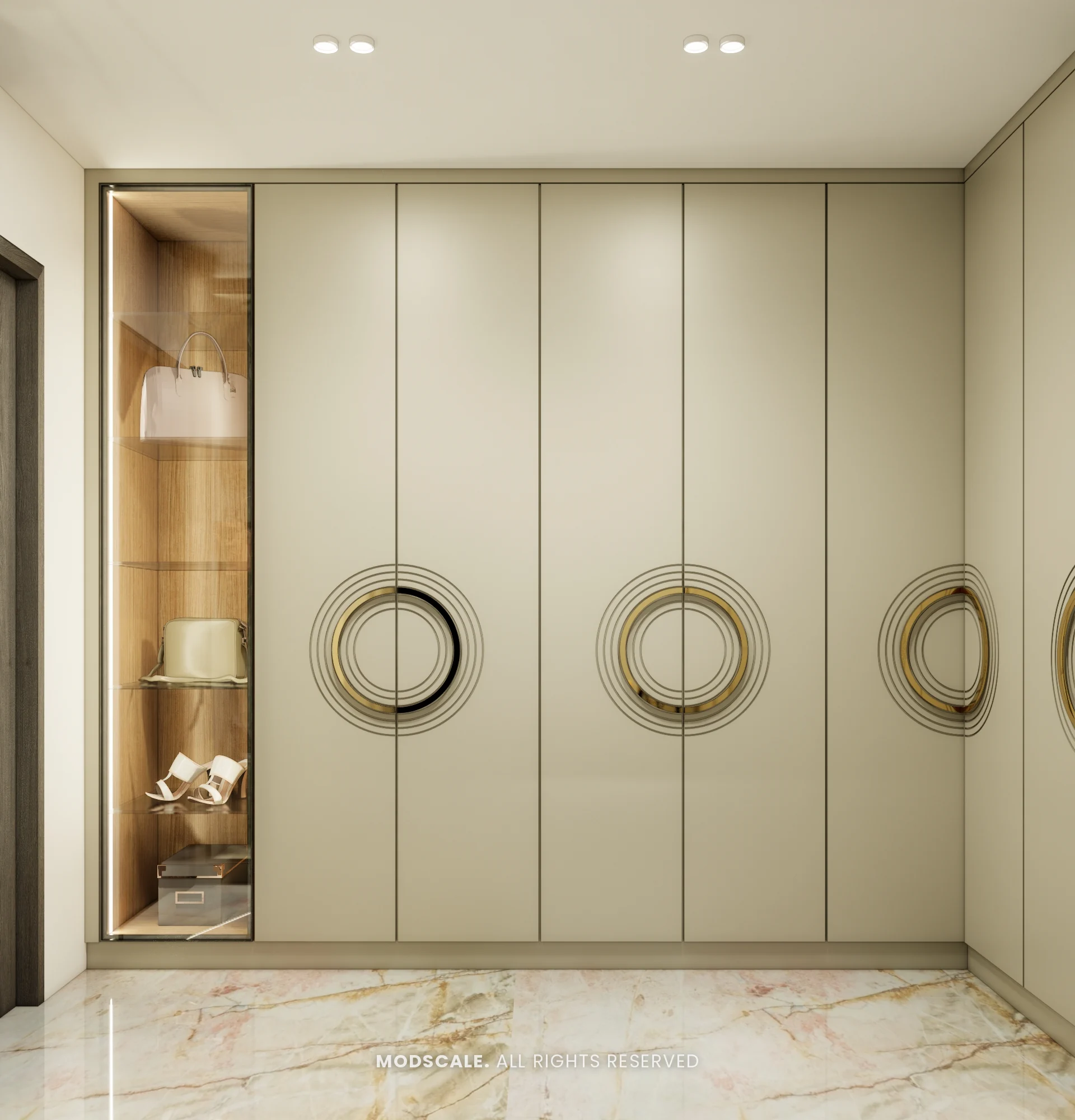 Full-wall wardrobe with brass ring handles, Madhusudhan’s bungalow interior in KR Puram