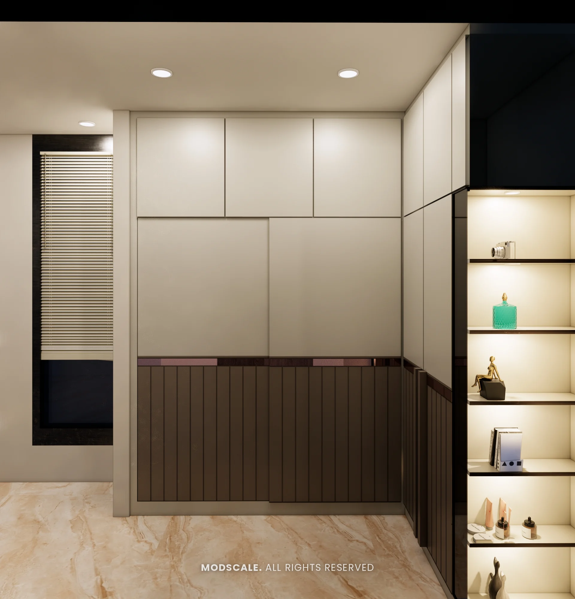 Guest bedroom wardrobe in two tones with open display shelves, Madhusudhan’s bungalow interior in KR Puram