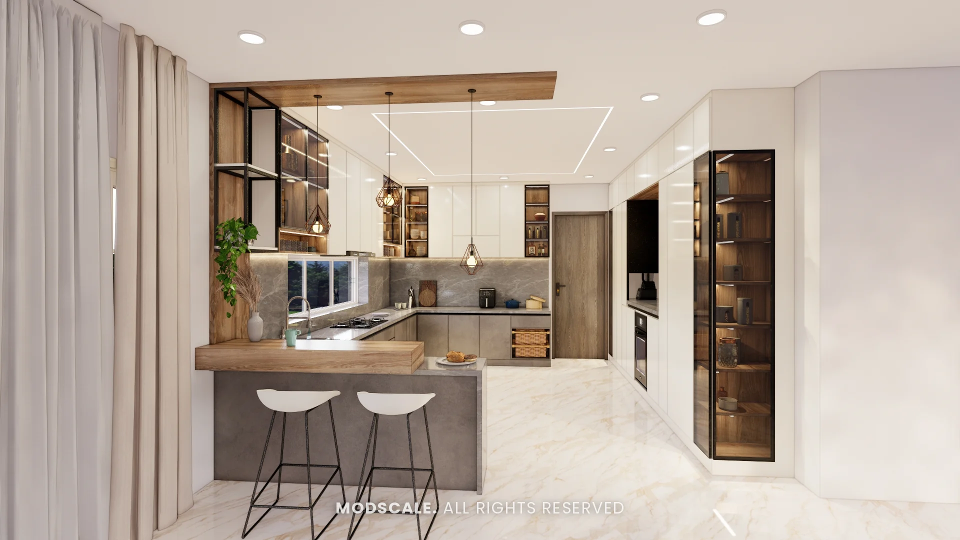 Dry kitchen with wooden breakfast counter, bar stools and open metal-framed shelves, Madhusudhan’s bungalow interior in KR Puram