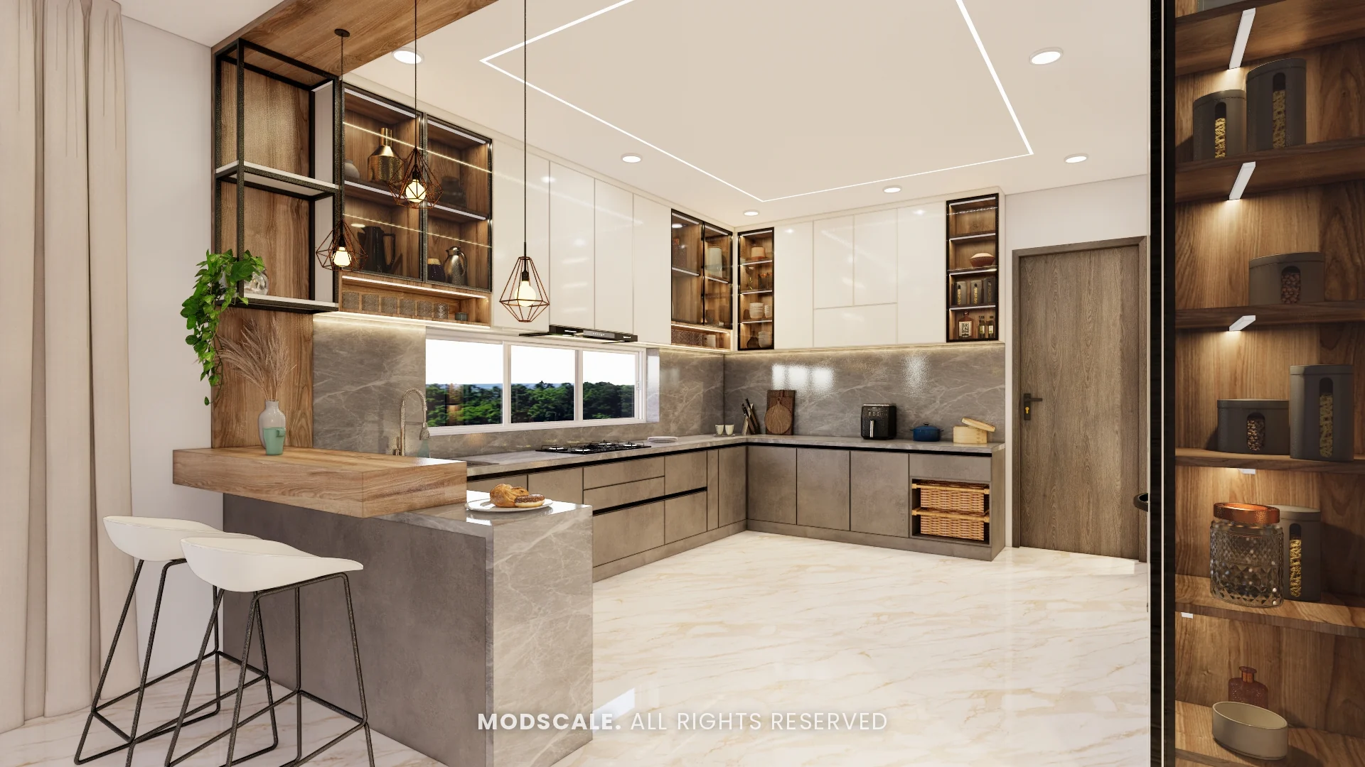 Breakfast counter with stone-clad base and hanging open shelves, Madhusudhan’s bungalow interior in KR Puram