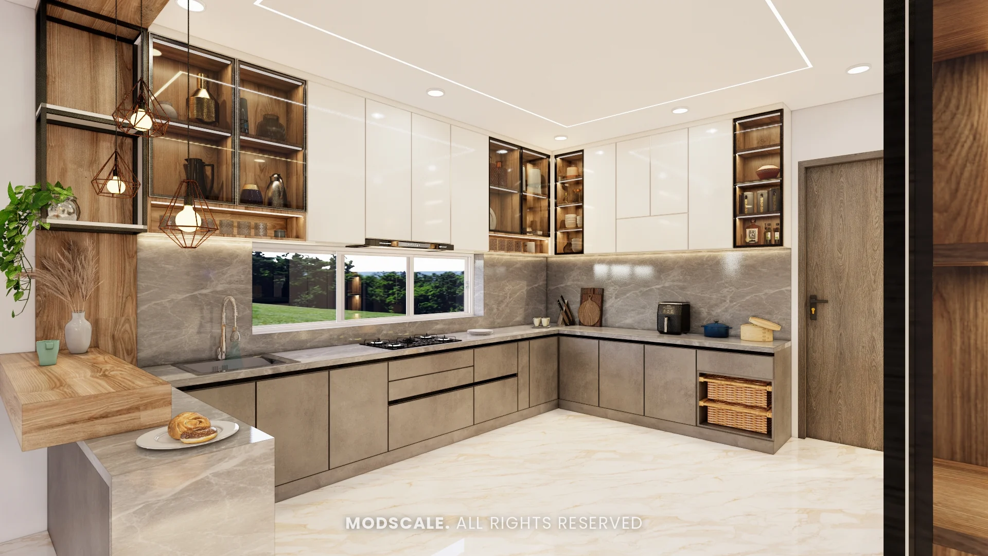 L-shaped dry kitchen counter under the window with wood-finish cabinets, Madhusudhan’s bungalow interior in KR Puram