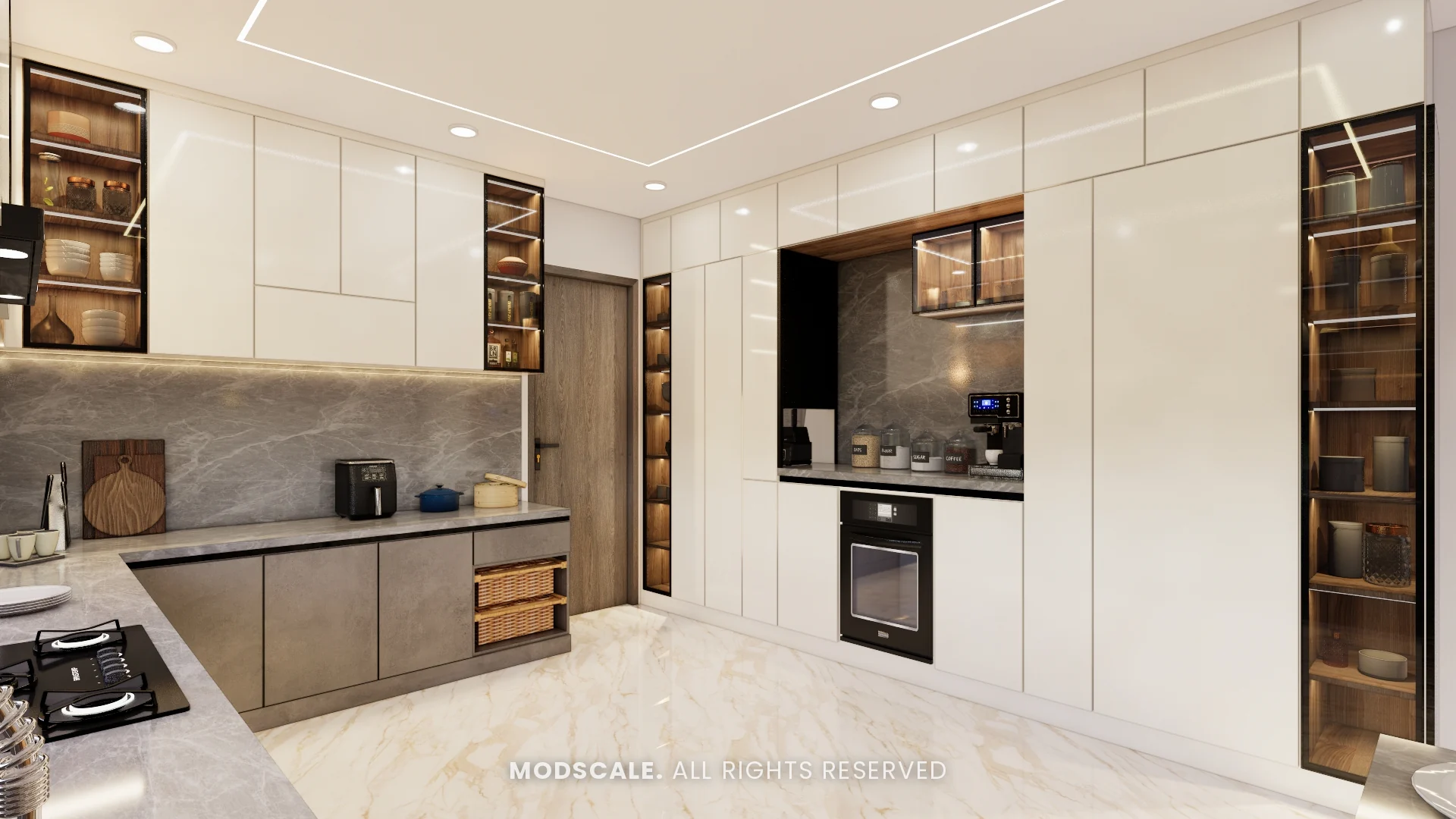 Tall storage wall with built-in ovens and backlit glass units, Madhusudhan’s bungalow interior in KR Puram