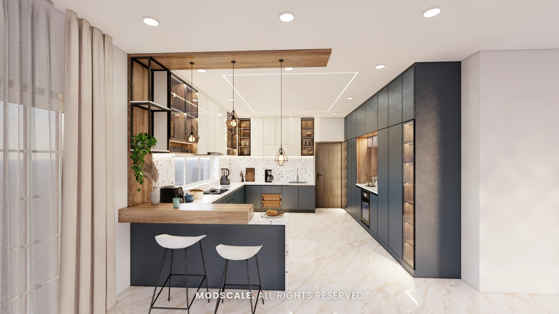 Dry kitchen option with dark blue tall units and breakfast counter, Madhusudhan’s bungalow interior in KR Puram