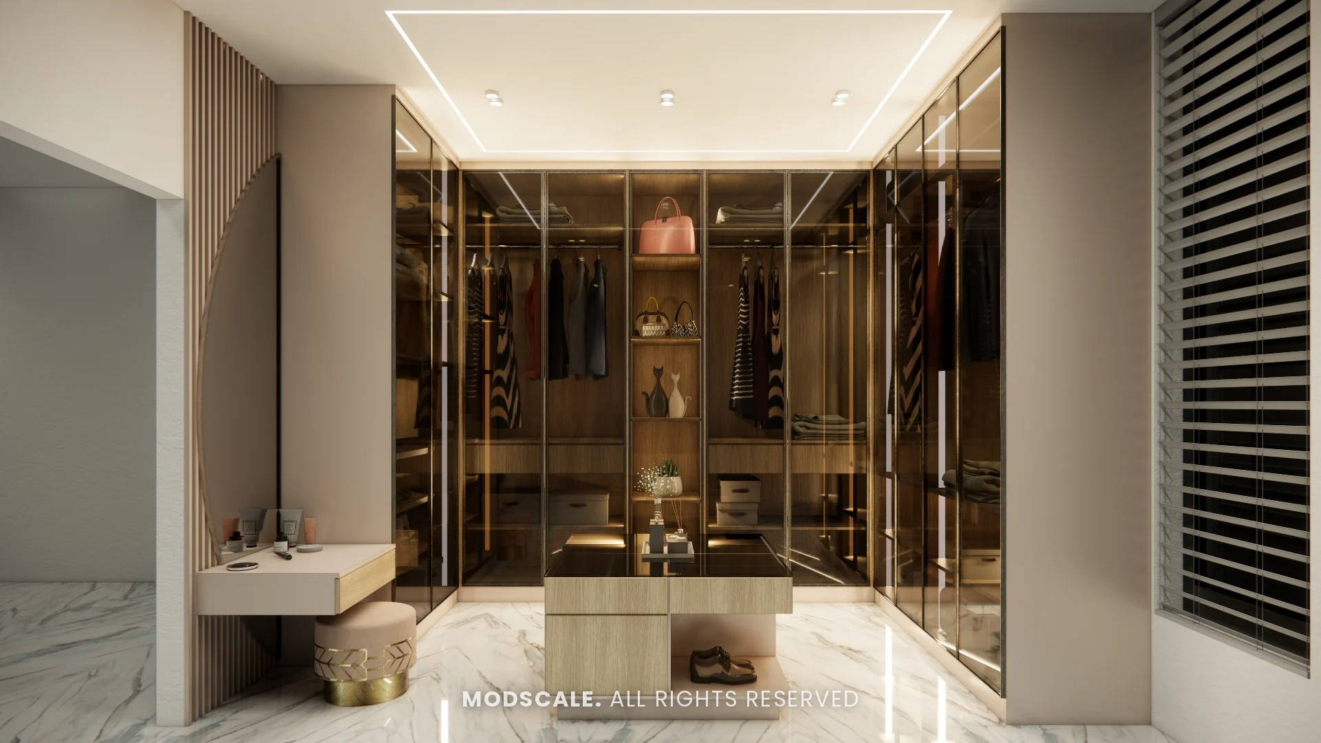 Master walk-in wardrobe with tinted glass shutters, central island and dresser, Madhusudhan’s bungalow interior in KR Puram