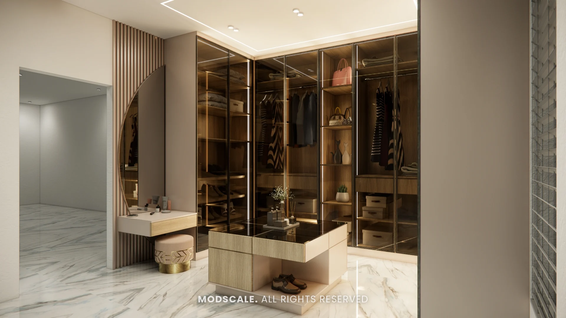 Walk-in wardrobe island with backlit glass-front hanging sections, Madhusudhan’s bungalow interior in KR Puram
