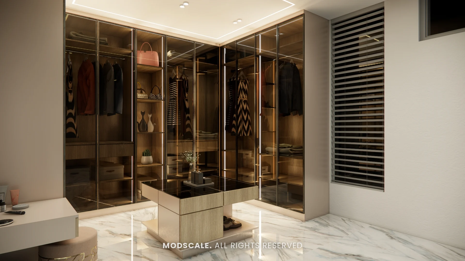Master dressing room with glass wardrobes on two walls, Madhusudhan’s bungalow interior in KR Puram