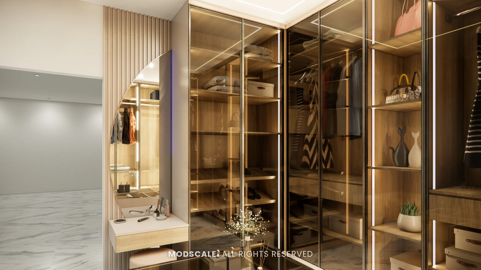 Dresser with seat beside backlit glass wardrobe shelves, Madhusudhan’s bungalow interior in KR Puram