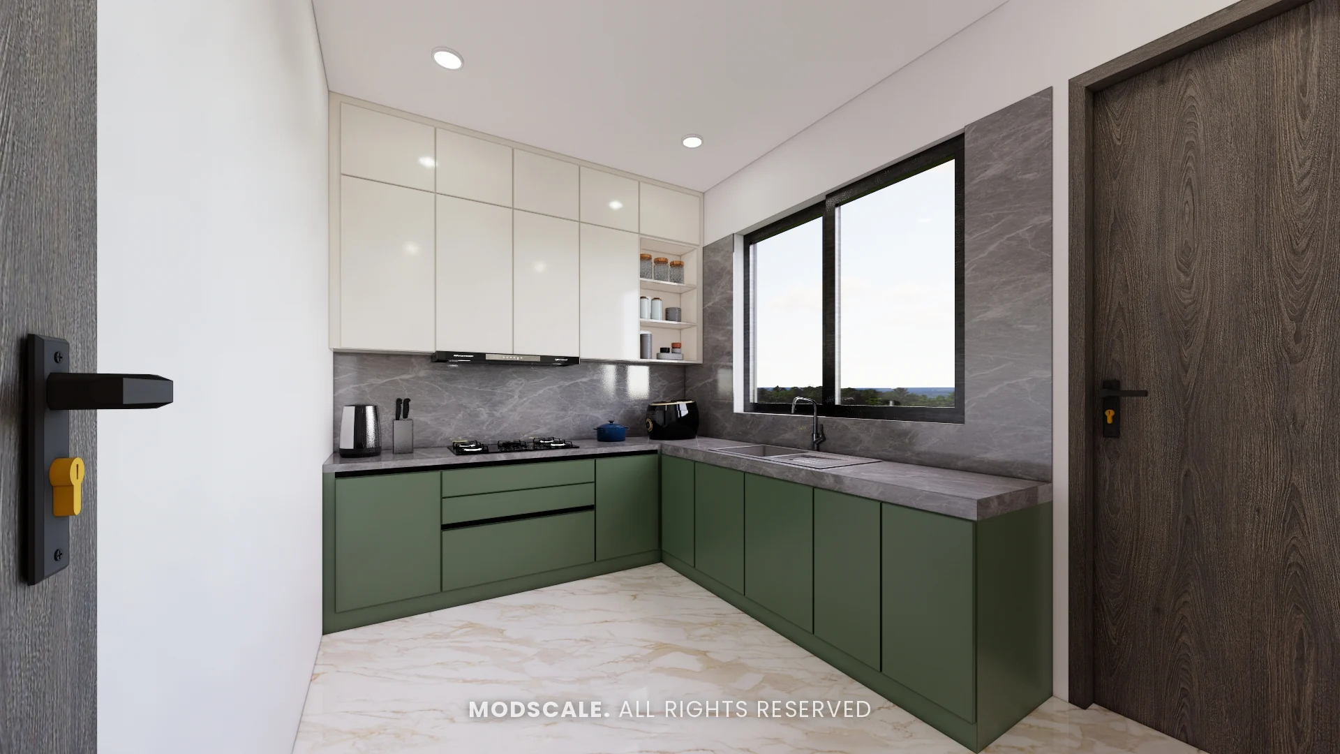Wet kitchen with green base cabinets, white wall units and grey backsplash, Madhusudhan’s bungalow interior in KR Puram