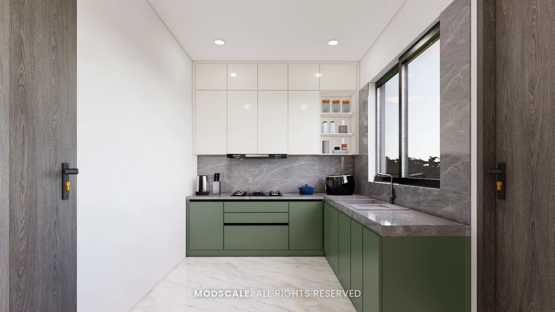 L-shaped wet kitchen counter along the window, Madhusudhan’s bungalow interior in KR Puram