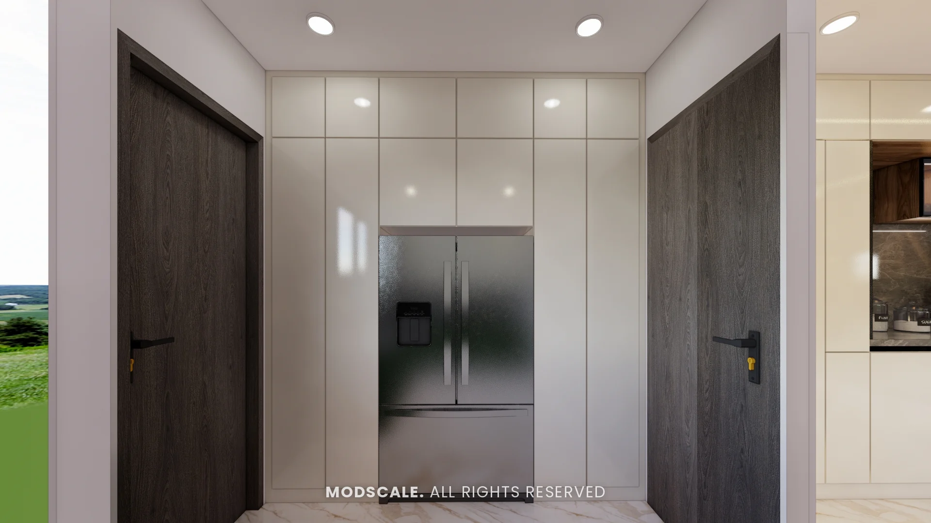 Refrigerator bay with full-height white storage in the wet kitchen, Madhusudhan’s bungalow interior in KR Puram