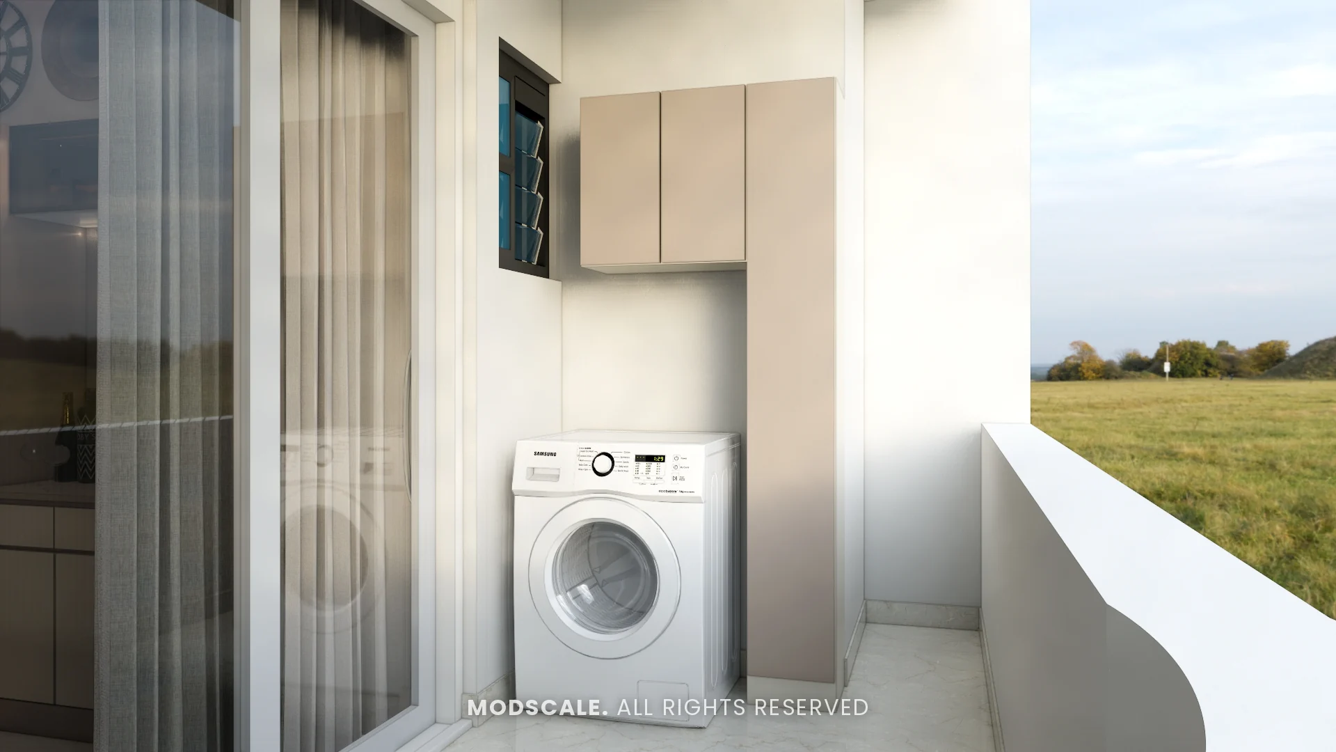 Balcony utility unit with washing machine and overhead storage, Michelle’s home interior at Mangalam Ecstasy, Brookefield