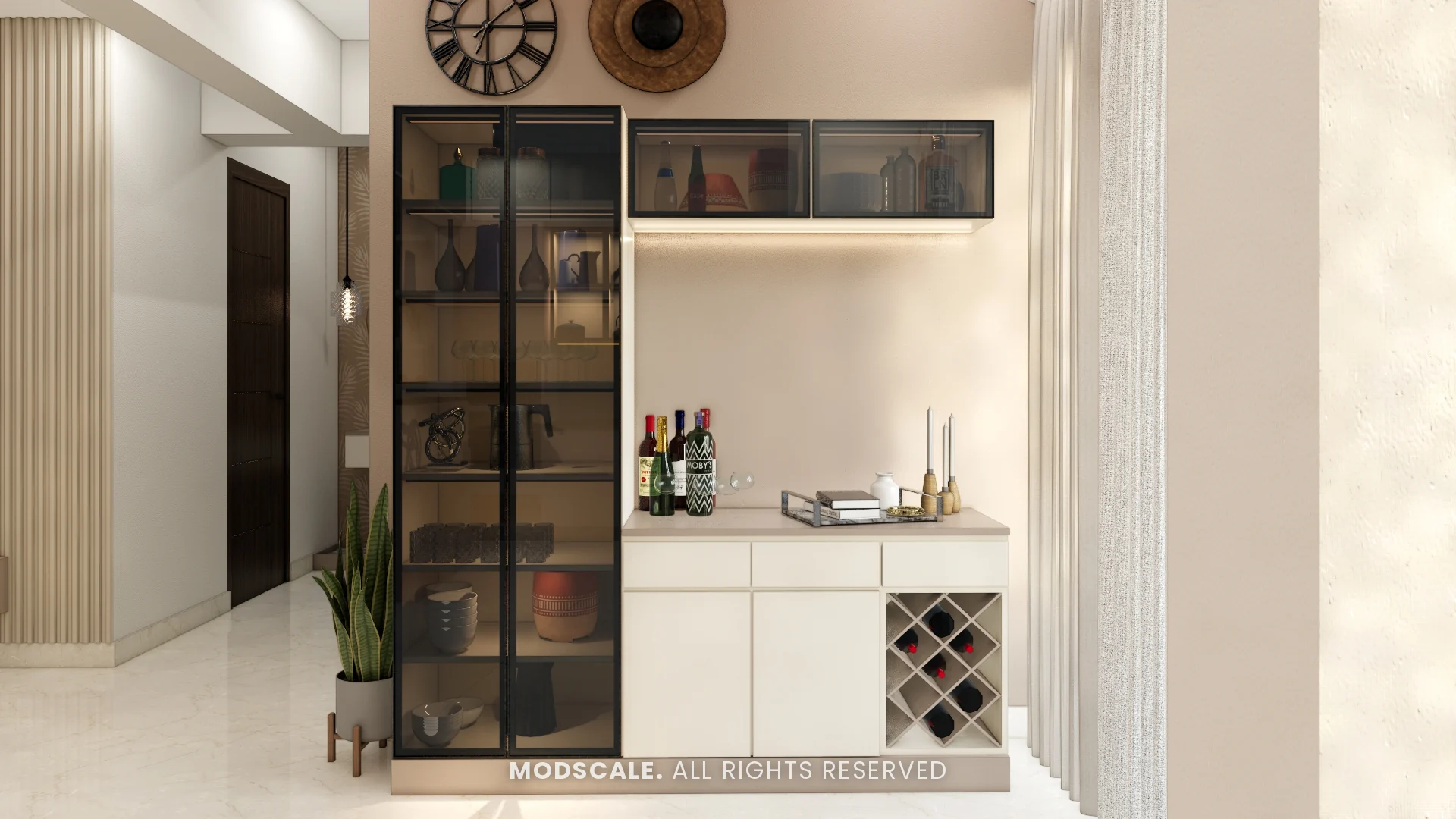 Bar and crockery unit with dark glass shutters and wine storage, Michelle’s home interior at Mangalam Ecstasy, Brookefield