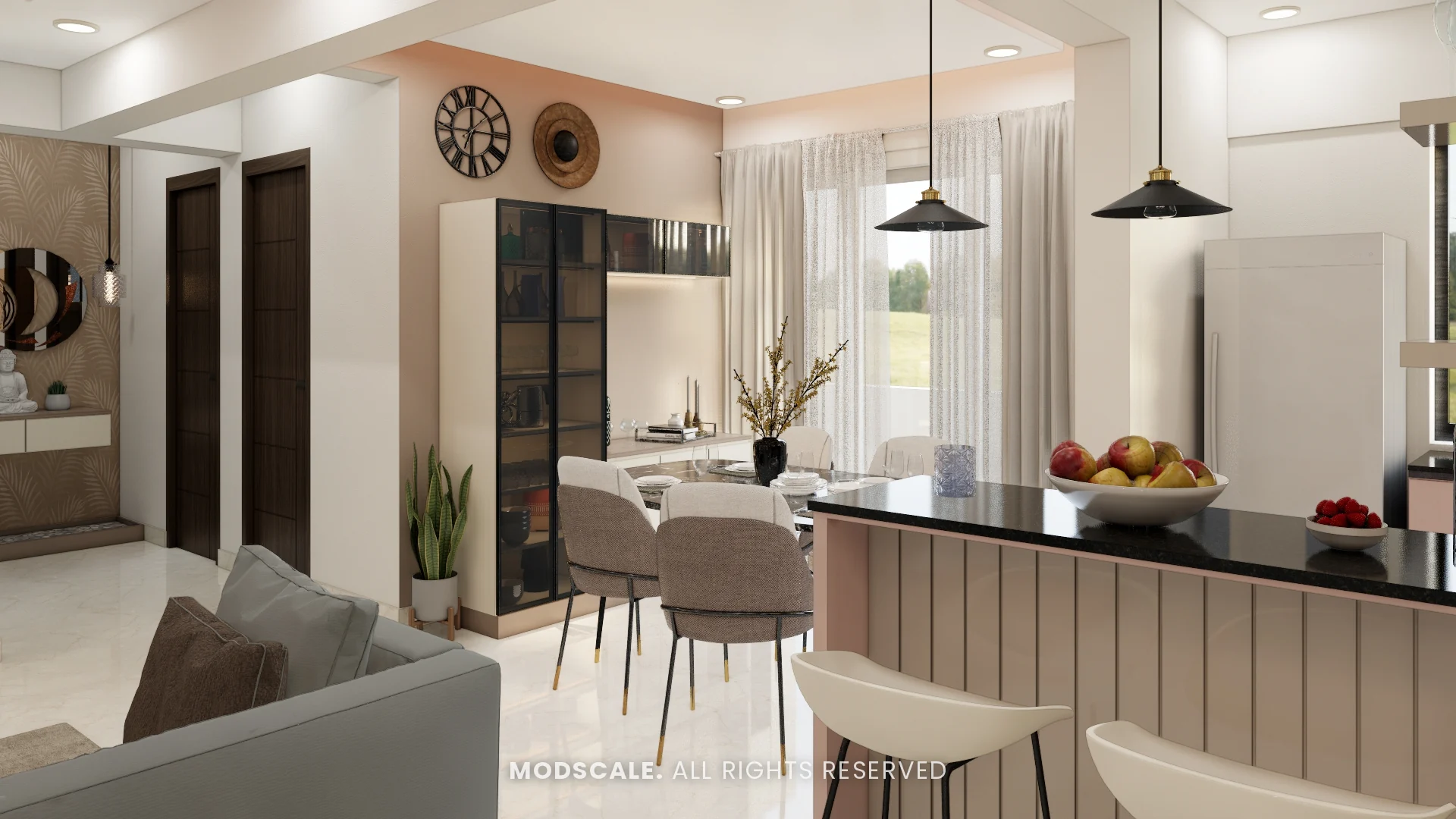 Dining area beside the breakfast counter with pendant lights, Michelle’s home interior at Mangalam Ecstasy, Brookefield