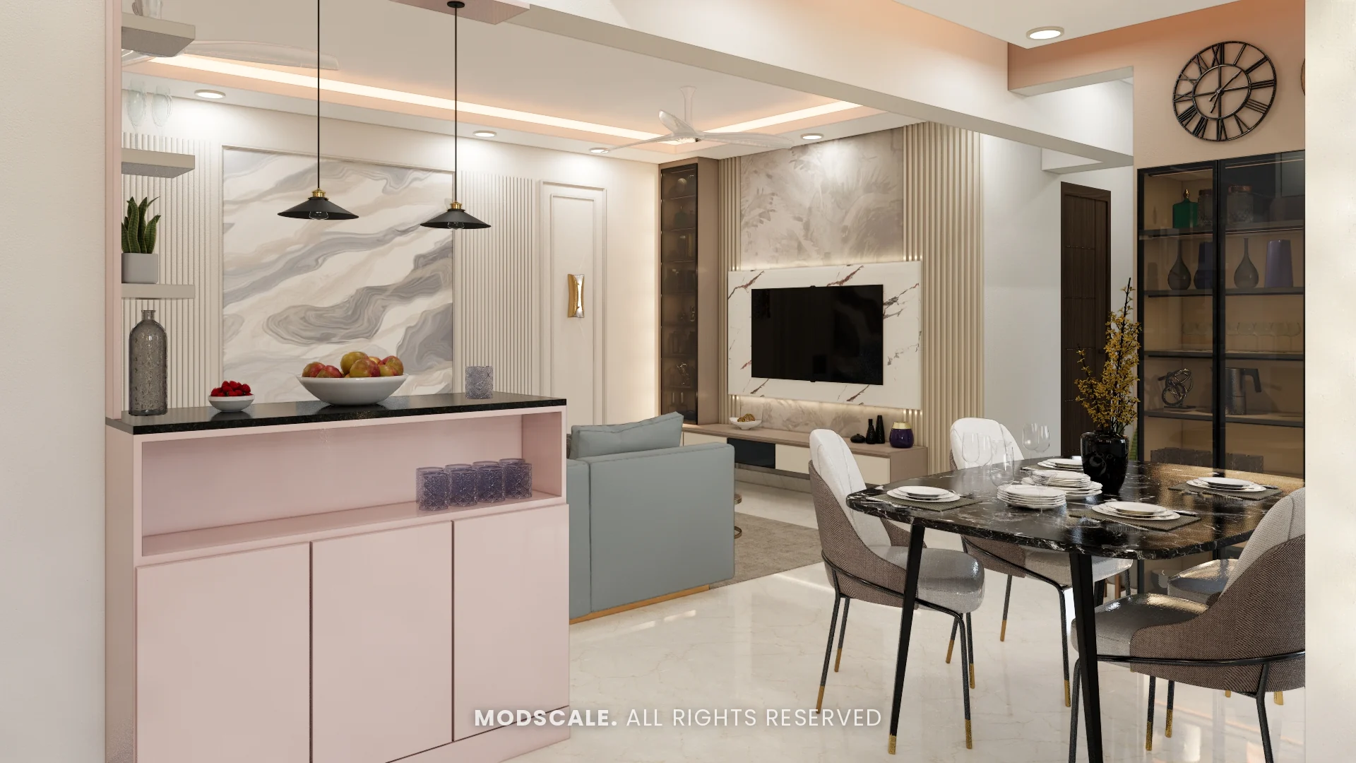 View from the kitchen counter across the dining and living areas, Michelle’s home interior at Mangalam Ecstasy, Brookefield