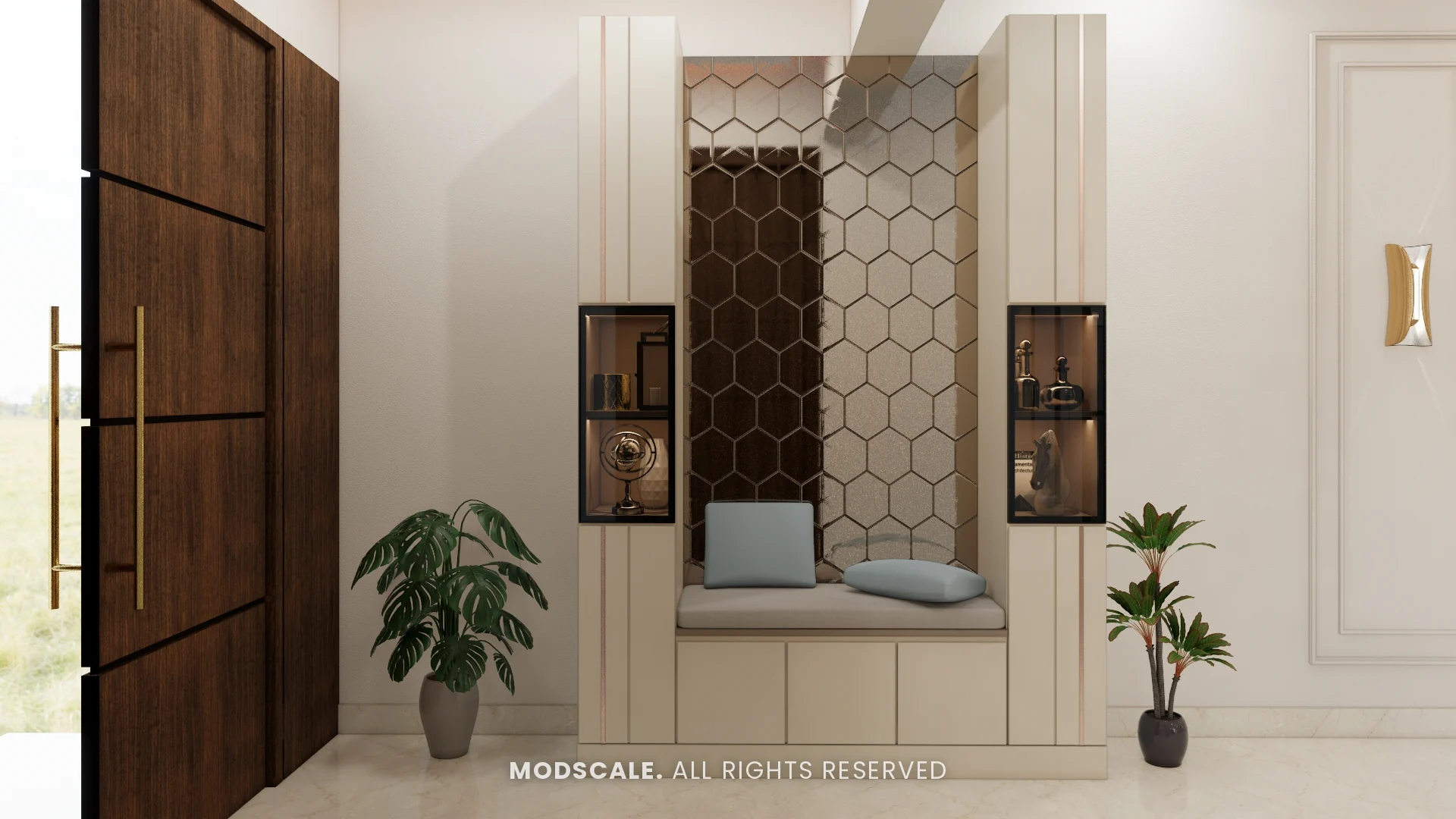 Foyer seat with patterned back panel and side storage in champagne laminate, Michelle’s home interior at Mangalam Ecstasy, Brookefield
