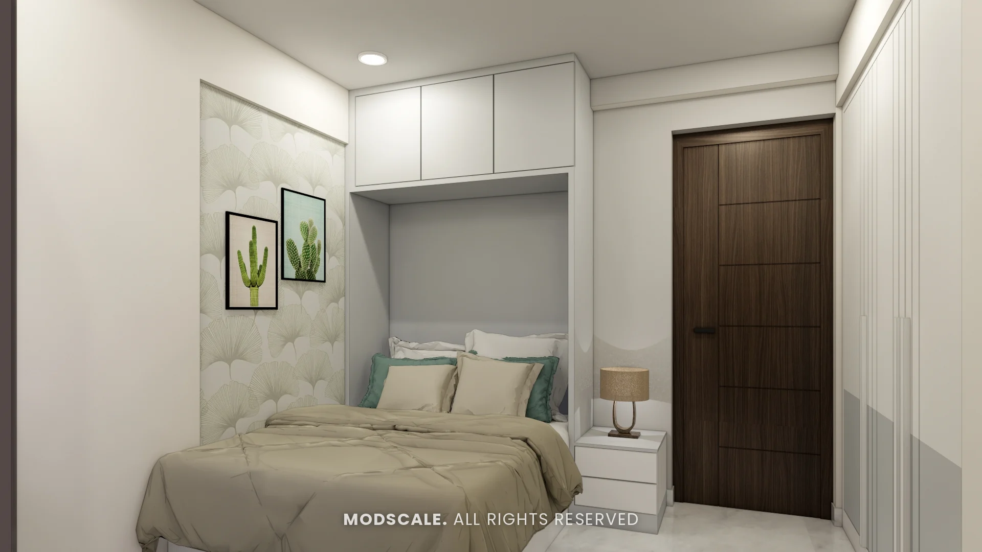 Guest bedroom wall bed open, with overhead storage, Michelle’s home interior at Mangalam Ecstasy, Brookefield