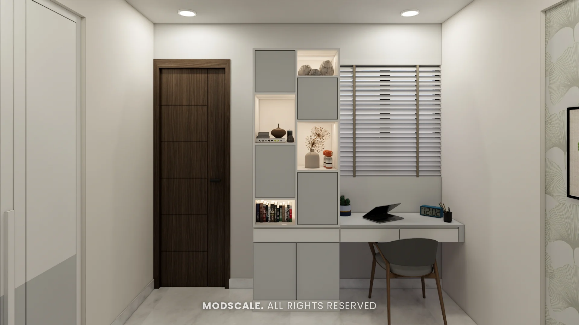 Guest bedroom study desk with backlit display shelves, Michelle’s home interior at Mangalam Ecstasy, Brookefield