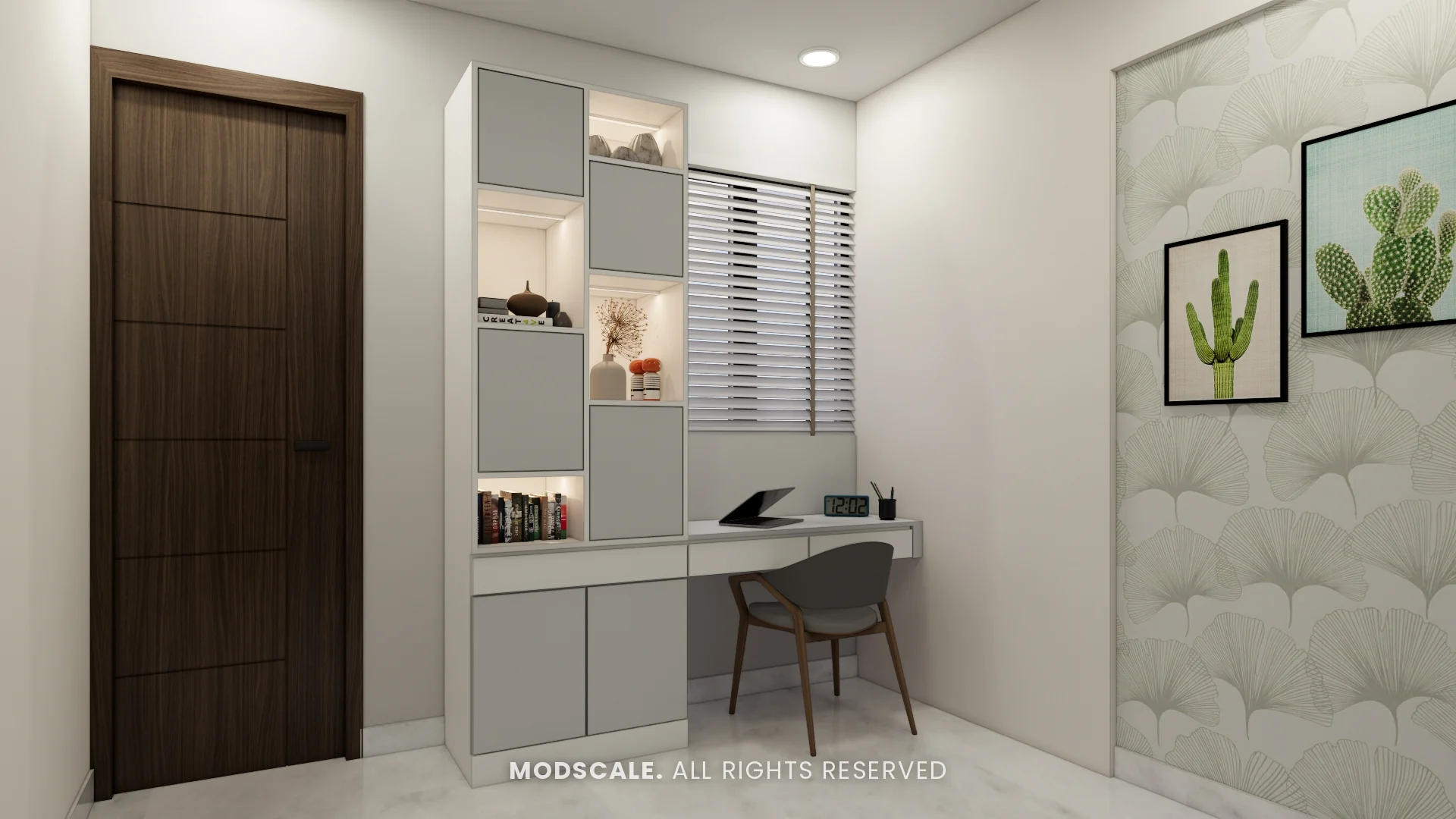 Study unit and padded wall panel in the guest bedroom, Michelle’s home interior at Mangalam Ecstasy, Brookefield