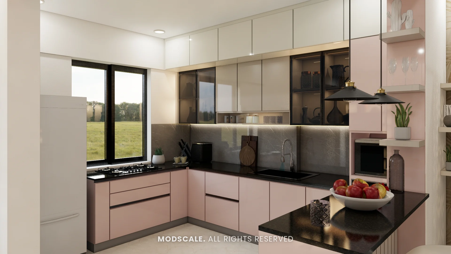L-shaped modular kitchen in blush pink with dark countertop, Michelle’s home interior at Mangalam Ecstasy, Brookefield