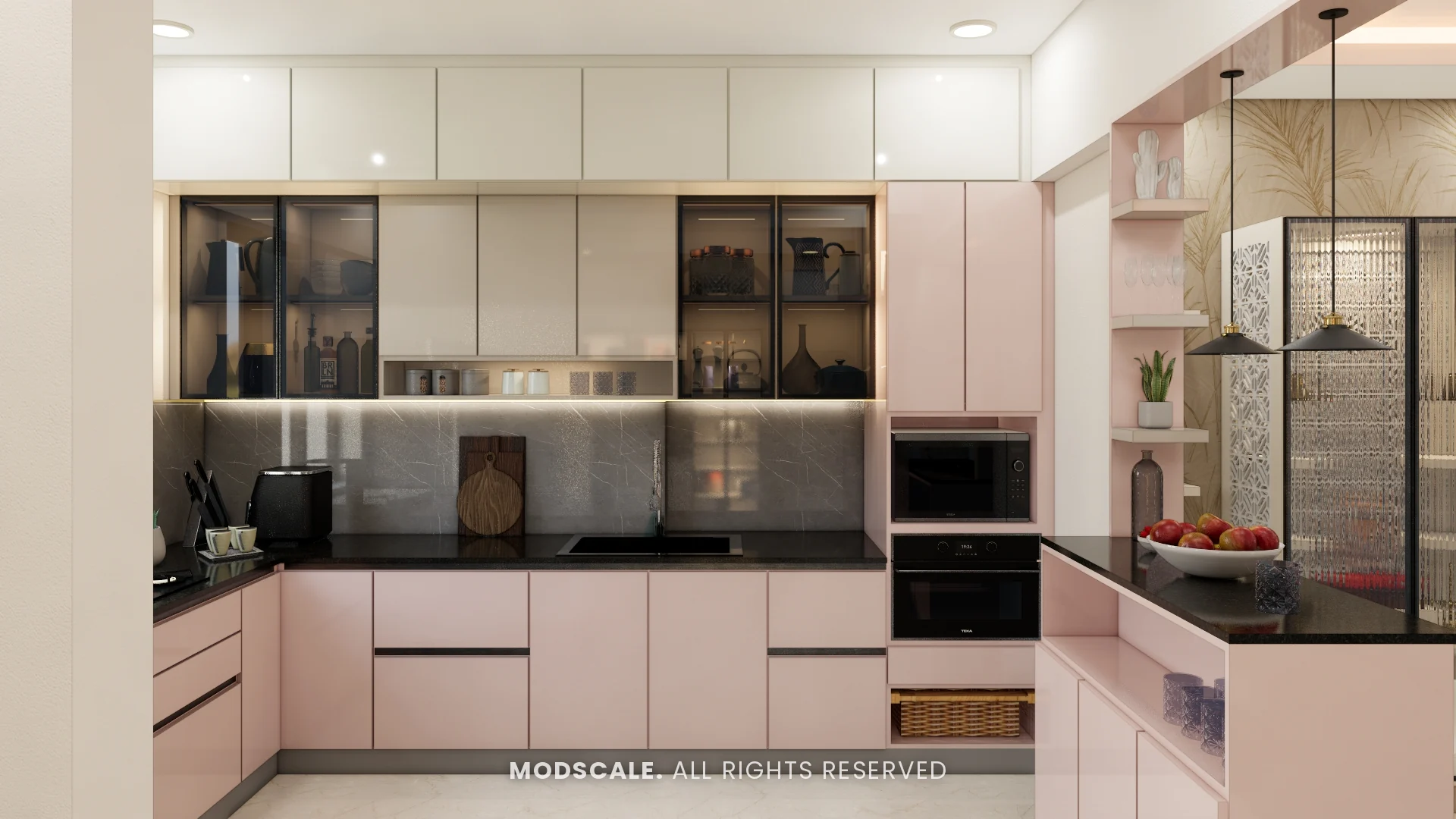 Kitchen with glass-fronted wall units, built-in oven and breakfast counter, Michelle’s home interior at Mangalam Ecstasy, Brookefield