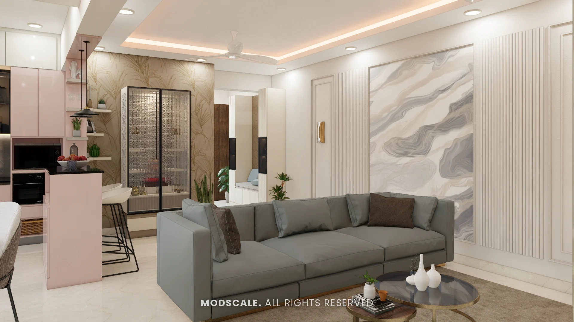 Open-plan living room with grey sectional sofa, breakfast counter and marble-pattern feature wall, Michelle’s home interior at Mangalam Ecstasy, Brookefield