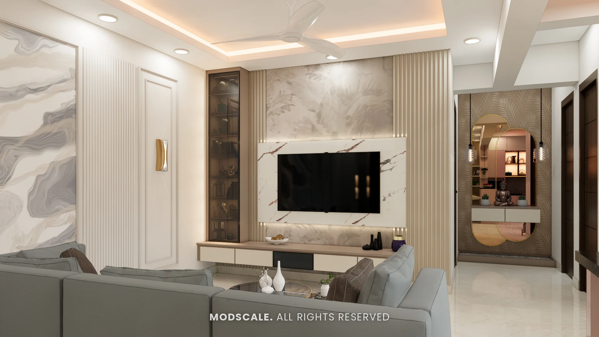 Living room seating facing the TV wall with the pooja unit beyond, Michelle’s home interior at Mangalam Ecstasy, Brookefield