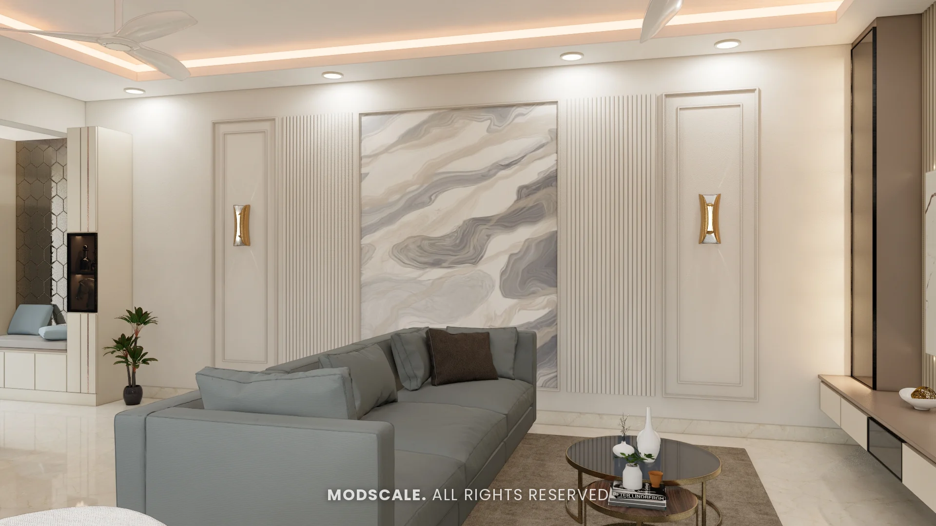 Grey sofa against a marble-pattern wall panel with wall sconces, Michelle’s home interior at Mangalam Ecstasy, Brookefield