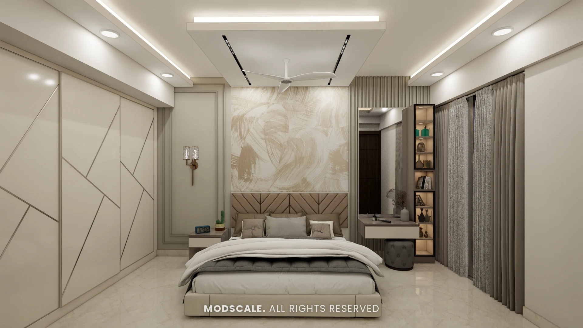 Master bedroom with upholstered bed, marble-pattern wall and sliding wardrobe, Michelle’s home interior at Mangalam Ecstasy, Brookefield
