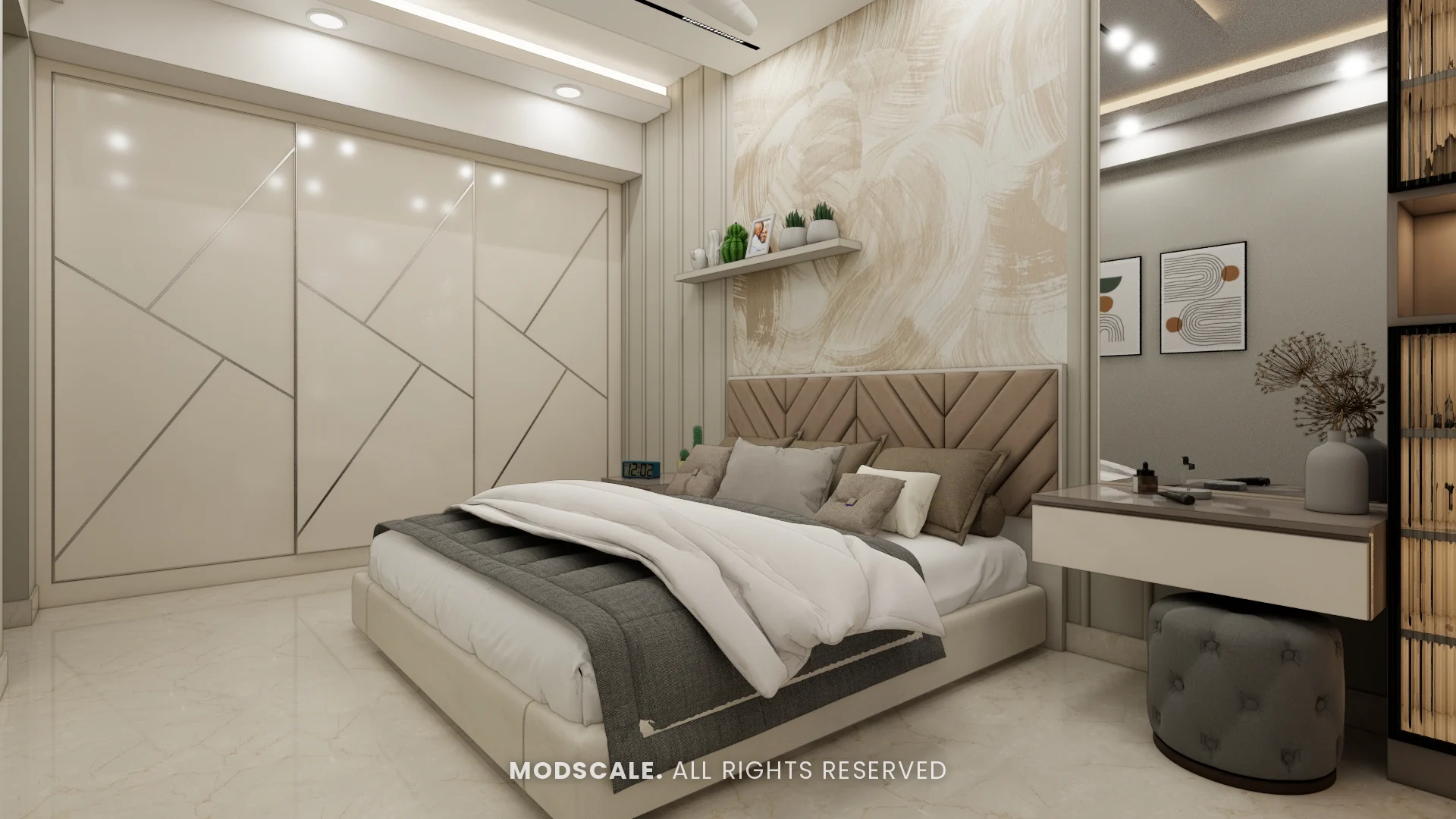 Master bedroom option with study ledge and framed art, Michelle’s home interior at Mangalam Ecstasy, Brookefield