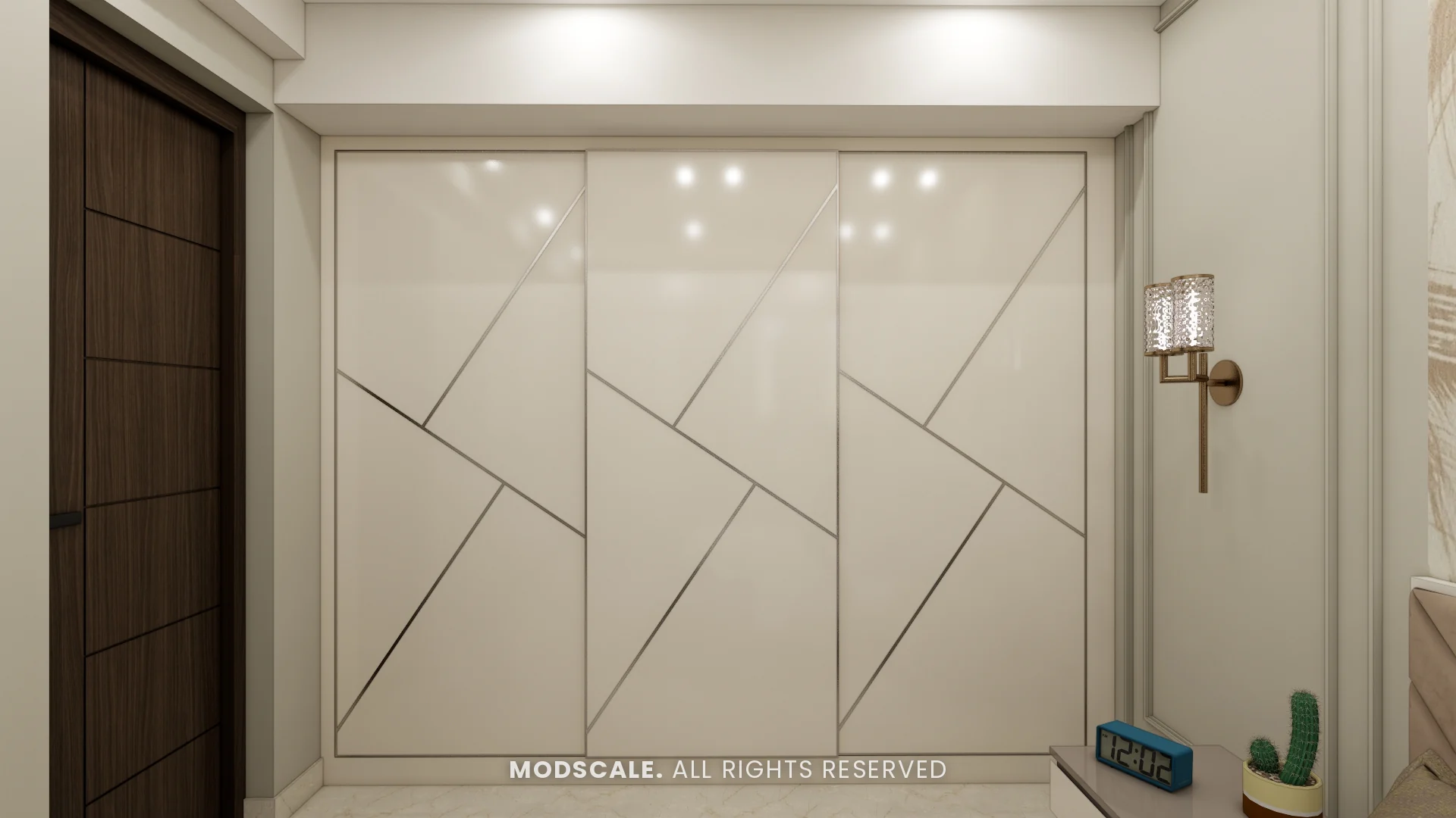 Sliding wardrobe with geometric groove pattern, Michelle’s home interior at Mangalam Ecstasy, Brookefield