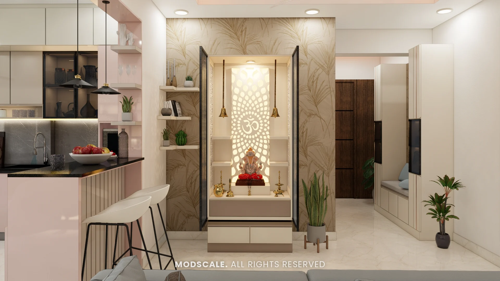 Backlit pooja unit with glass shutters beside the breakfast counter, Michelle’s home interior at Mangalam Ecstasy, Brookefield