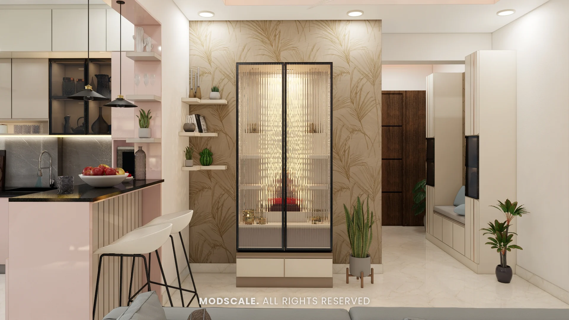 Pooja unit with jaali back panel seen from the living room, Michelle’s home interior at Mangalam Ecstasy, Brookefield