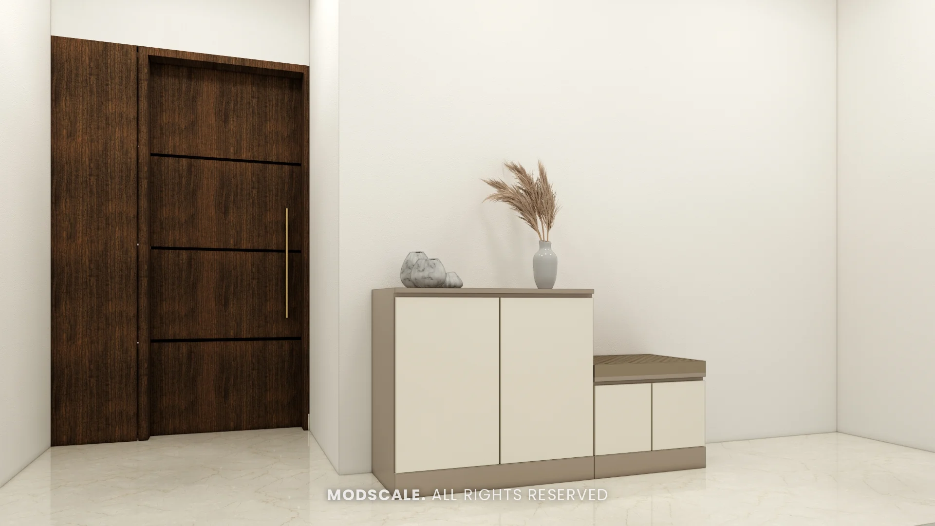 Shoe rack with seat beside the main door, Michelle’s home interior at Mangalam Ecstasy, Brookefield
