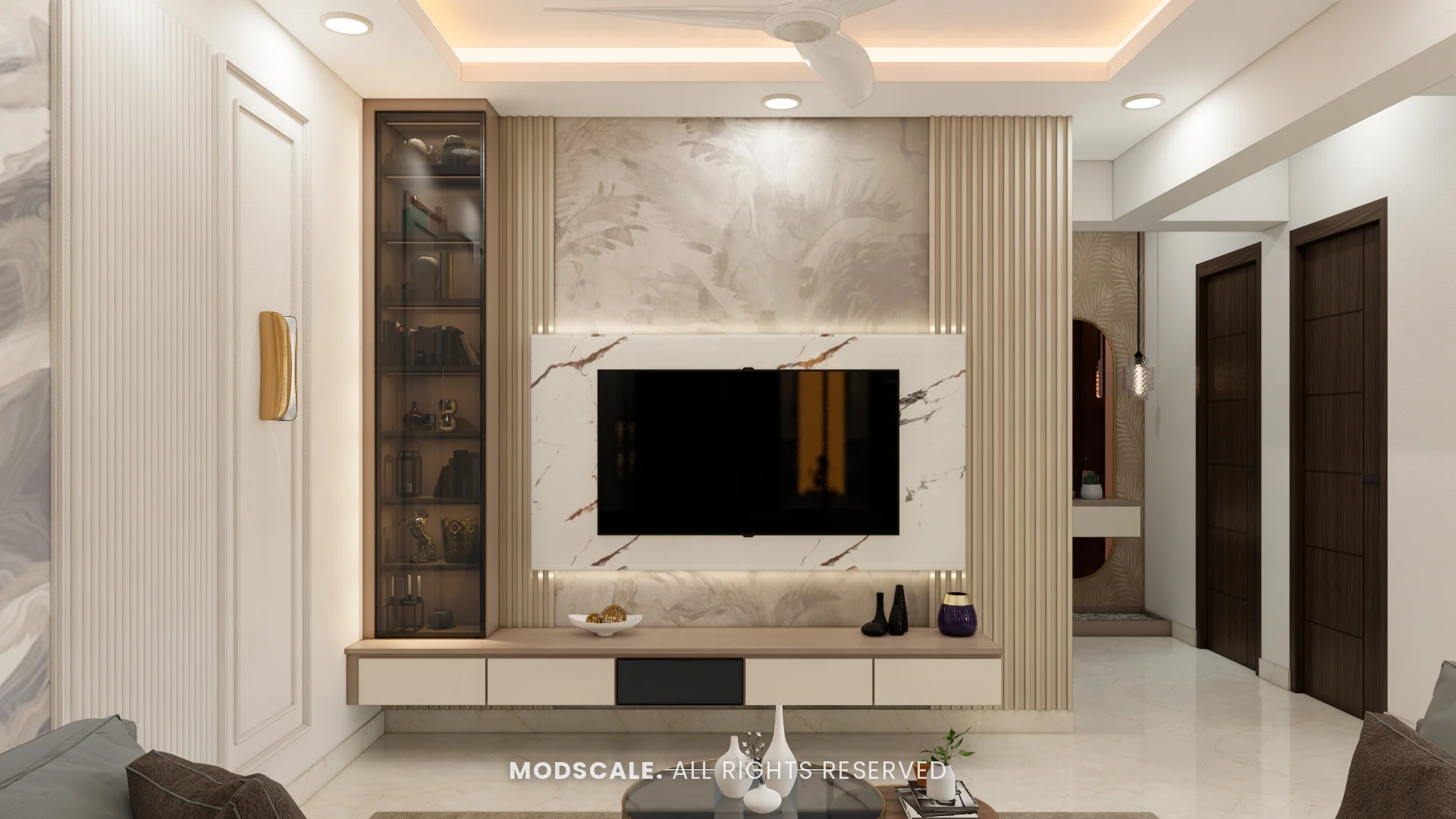 TV unit with marble-finish back panel, fluted side panels and glass display unit, Michelle’s home interior at Mangalam Ecstasy, Brookefield