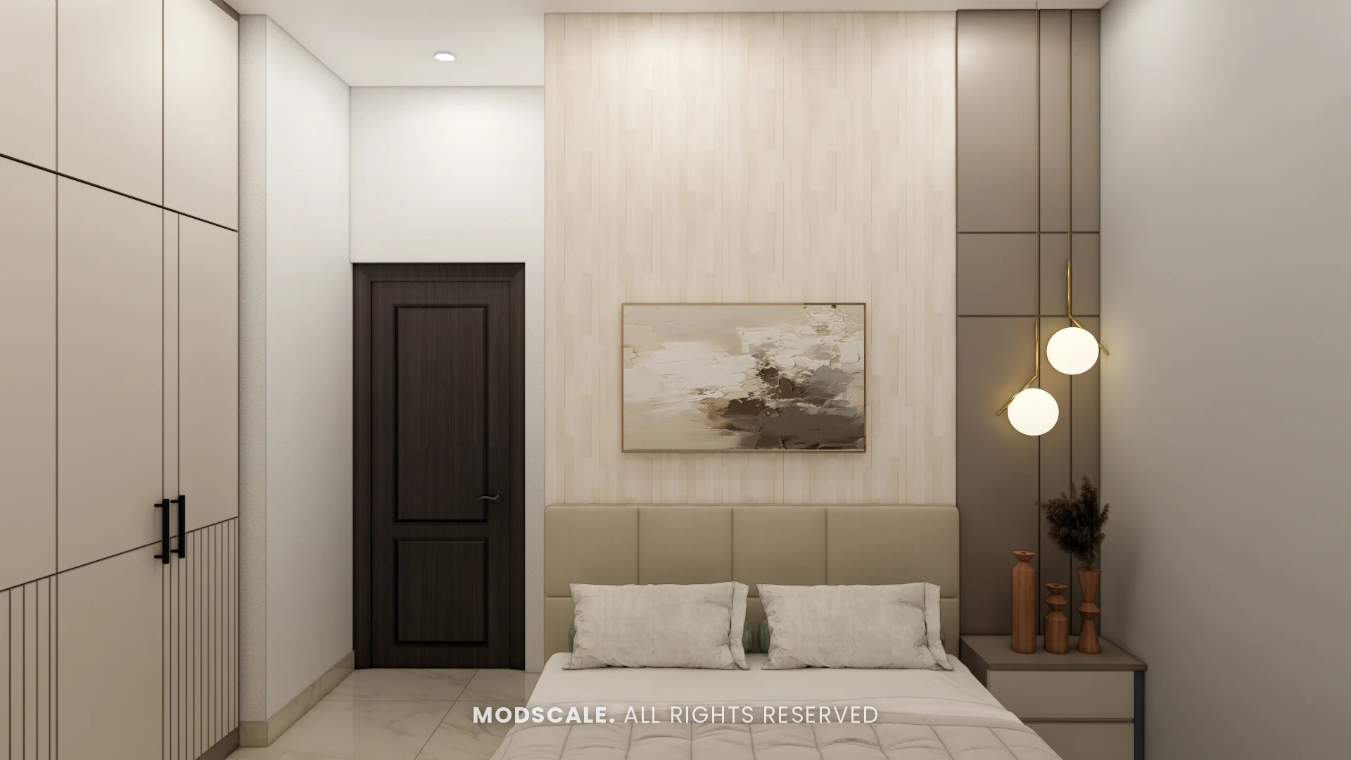 Bedroom with beige panelled headboard, wood-look wall panel and globe pendants, Mohit’s home interior at Keya Around The Life, Krishnarajapuram, Bengaluru