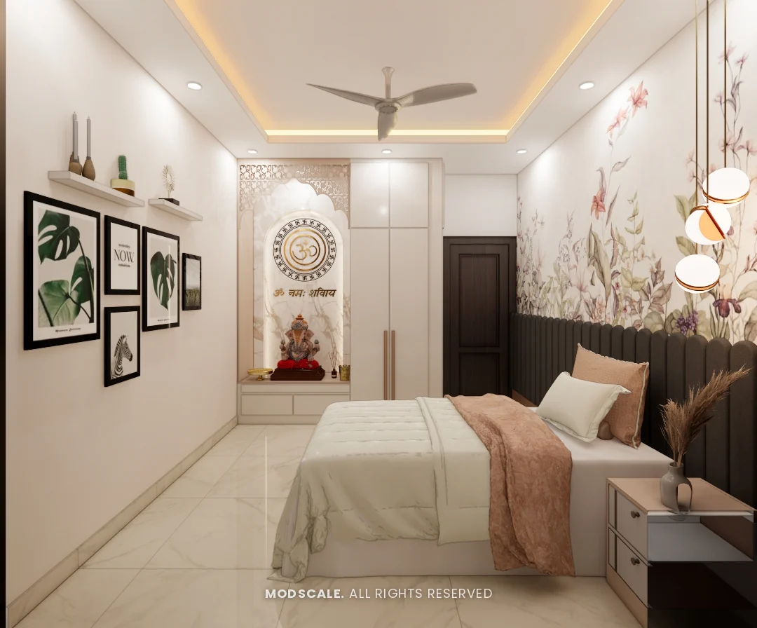 Bedroom with floral wallpaper, dark fluted headboard and pooja niche at the far end, Mohit’s home interior at Keya Around The Life, Krishnarajapuram, Bengaluru