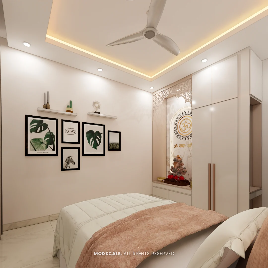 Framed prints and floating shelves on the wall facing the pooja niche, Mohit’s home interior at Keya Around The Life, Krishnarajapuram, Bengaluru