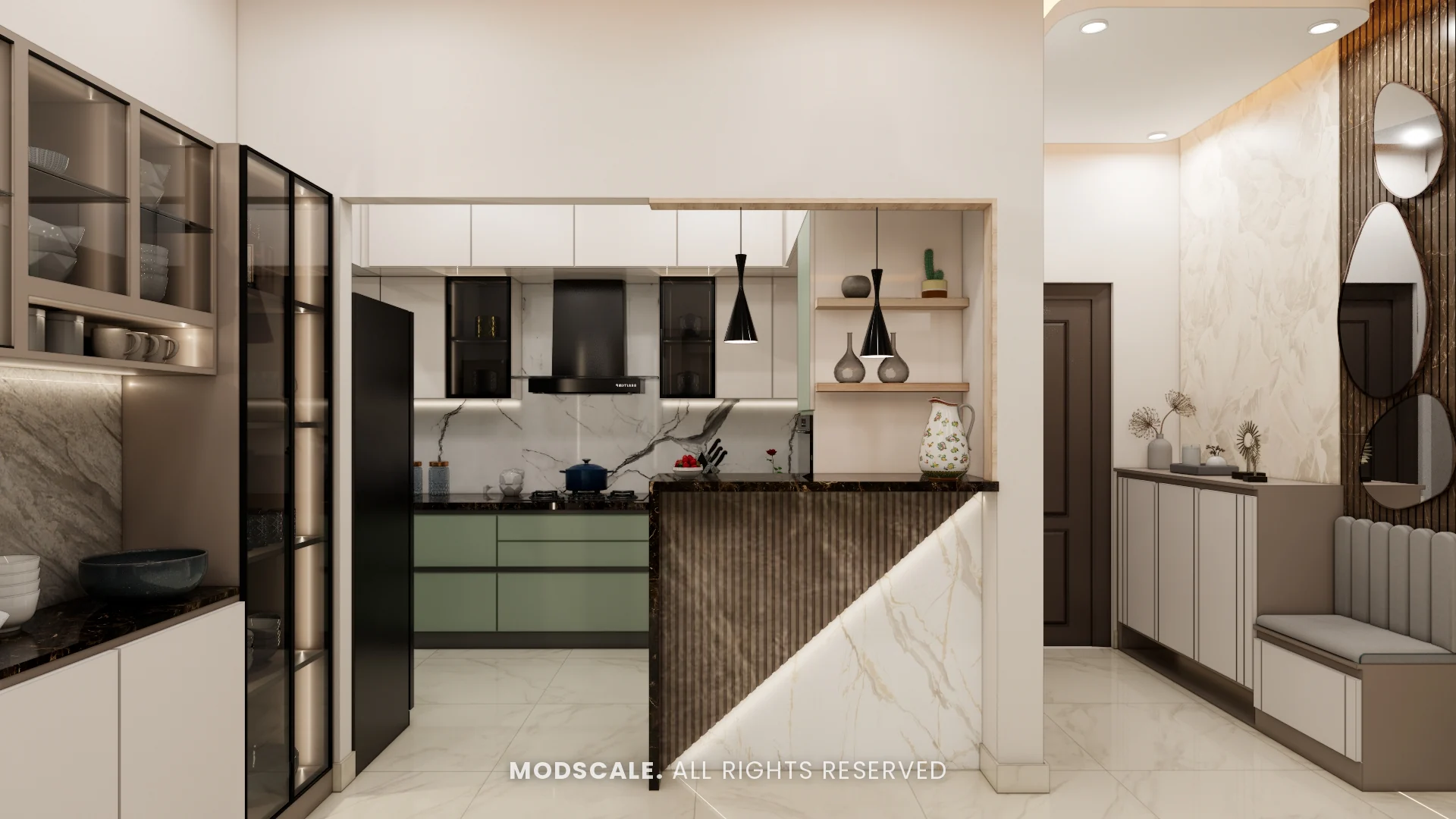 Breakfast counter with fluted and marble-finish front under black pendant lights, Mohit’s home interior at Keya Around The Life, Krishnarajapuram, Bengaluru