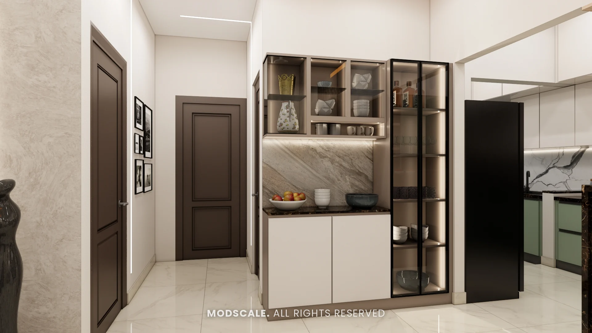 Crockery unit with open shelves, stone-finish back and black-framed glass tower, Mohit’s home interior at Keya Around The Life, Krishnarajapuram, Bengaluru